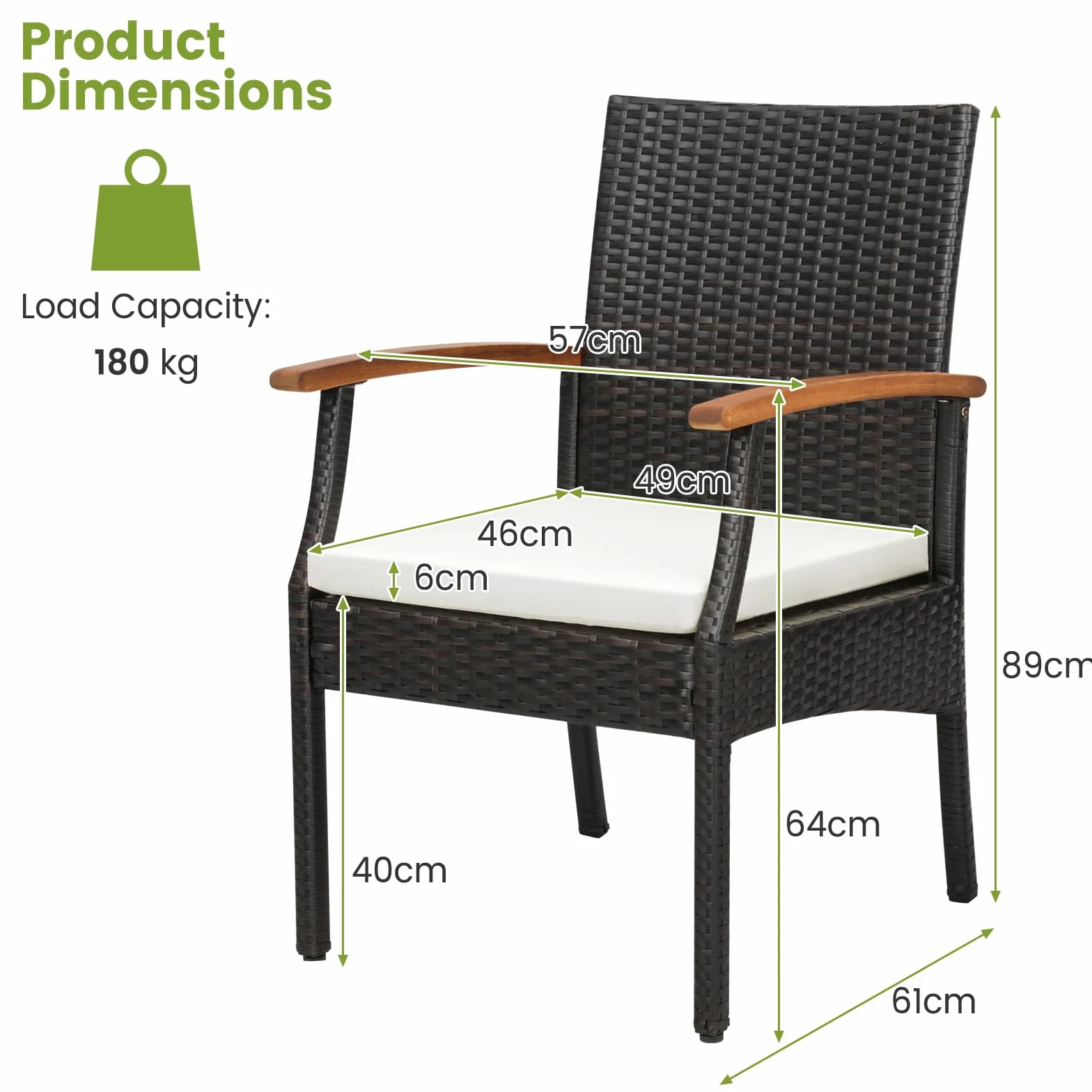 LIFEZEAL Zestaw 2 krzeseł ogrodowych z rattanu, krzesła tarasowe z podłokietnikami z drewna akacjowego, czarne