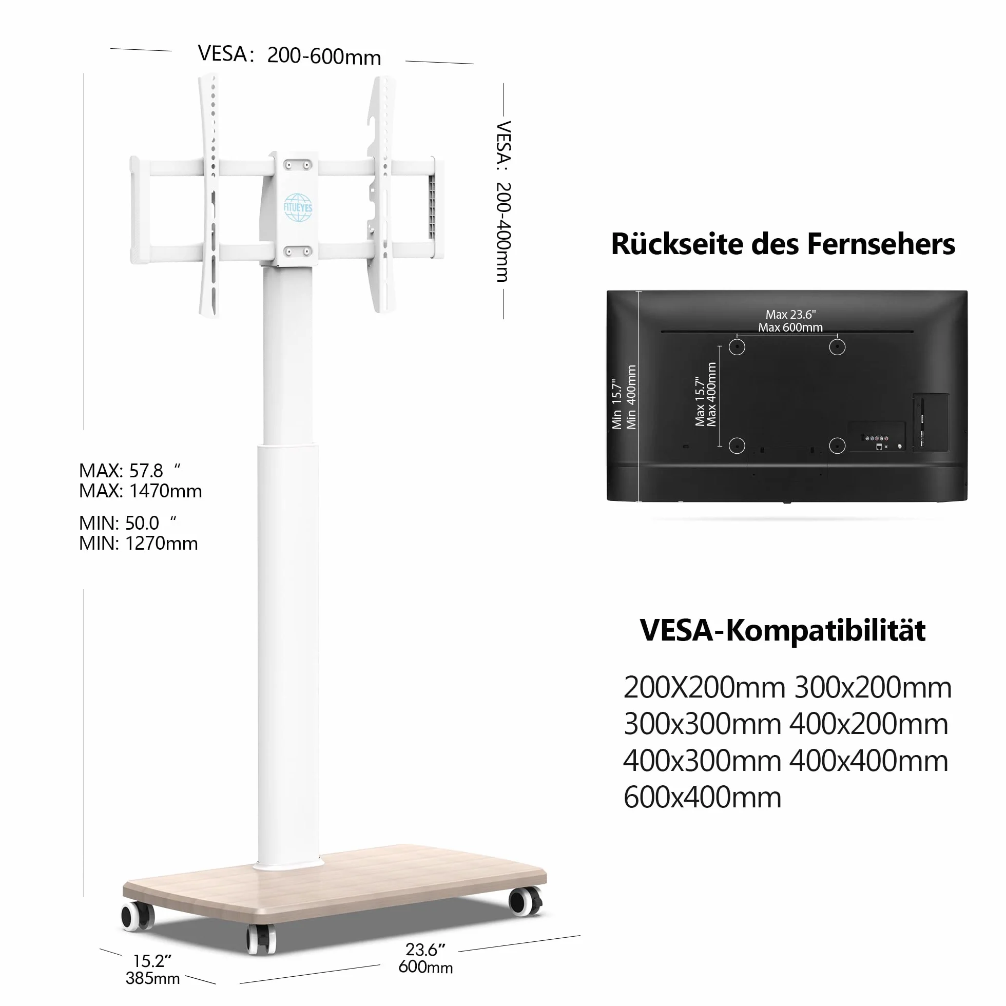 FITUEYES Biały stojak na telewizor na kółkach z 20mm drewnianą podstawą na telewizory 32–70 cali, mobilny wózek na telewizor z obrotem 60° i 6 regulowanymi wysokościami, maks. VESA 600x400mm, uchwyt
