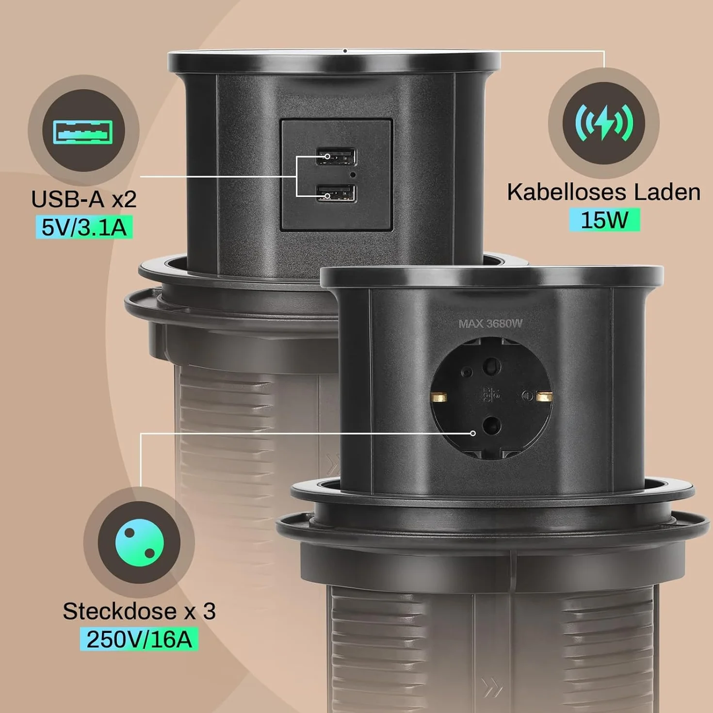 Bezprzewodowa ładowarka 15 W, 3 gniazda, maks. 3680 W/16 A, 2 gniazda USB-A, automatyczne opuszczane gniazdko stołowe, aluminiowe gniazdko stołowe z kablem 1,8 m, gniazdo do zabudowy, do blatu, biura,