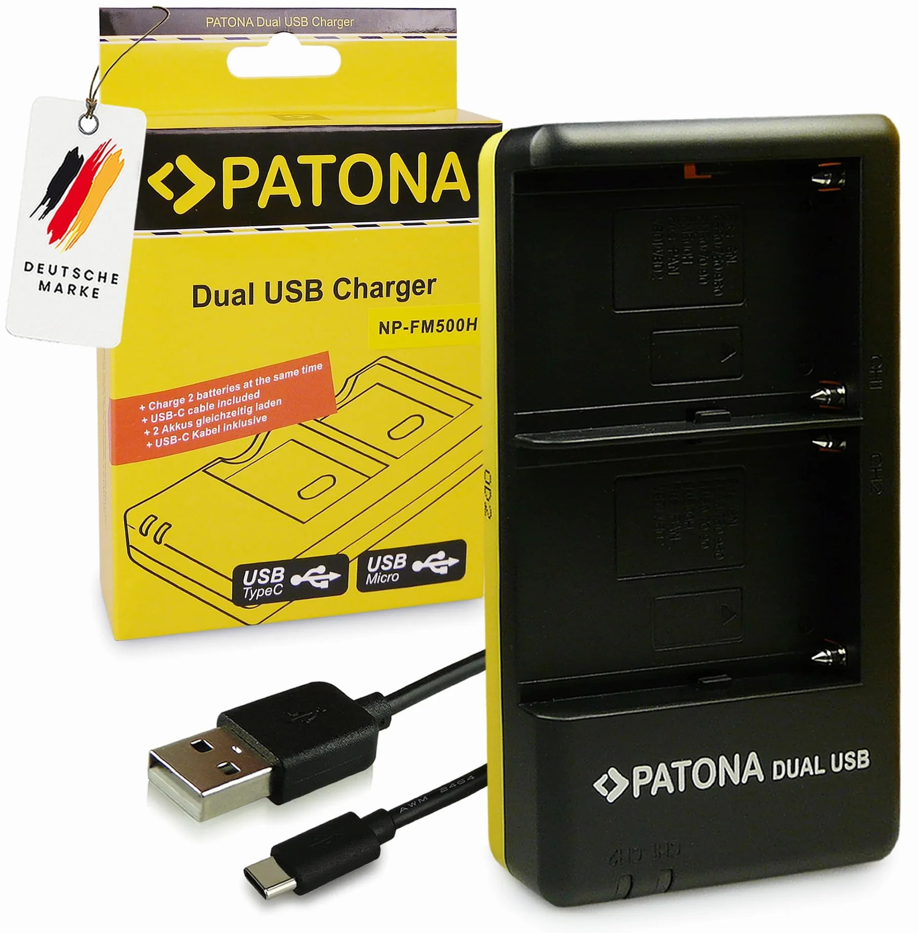 PATONA Dual Ładowarka USB-C do Sony NP-FM500H FM50 QM51 QM71 F970 | Kompaktowa ładowarka podróżna do NP-F-Serie, kamer, lampy wideo LED, monitorów i rejestratorów