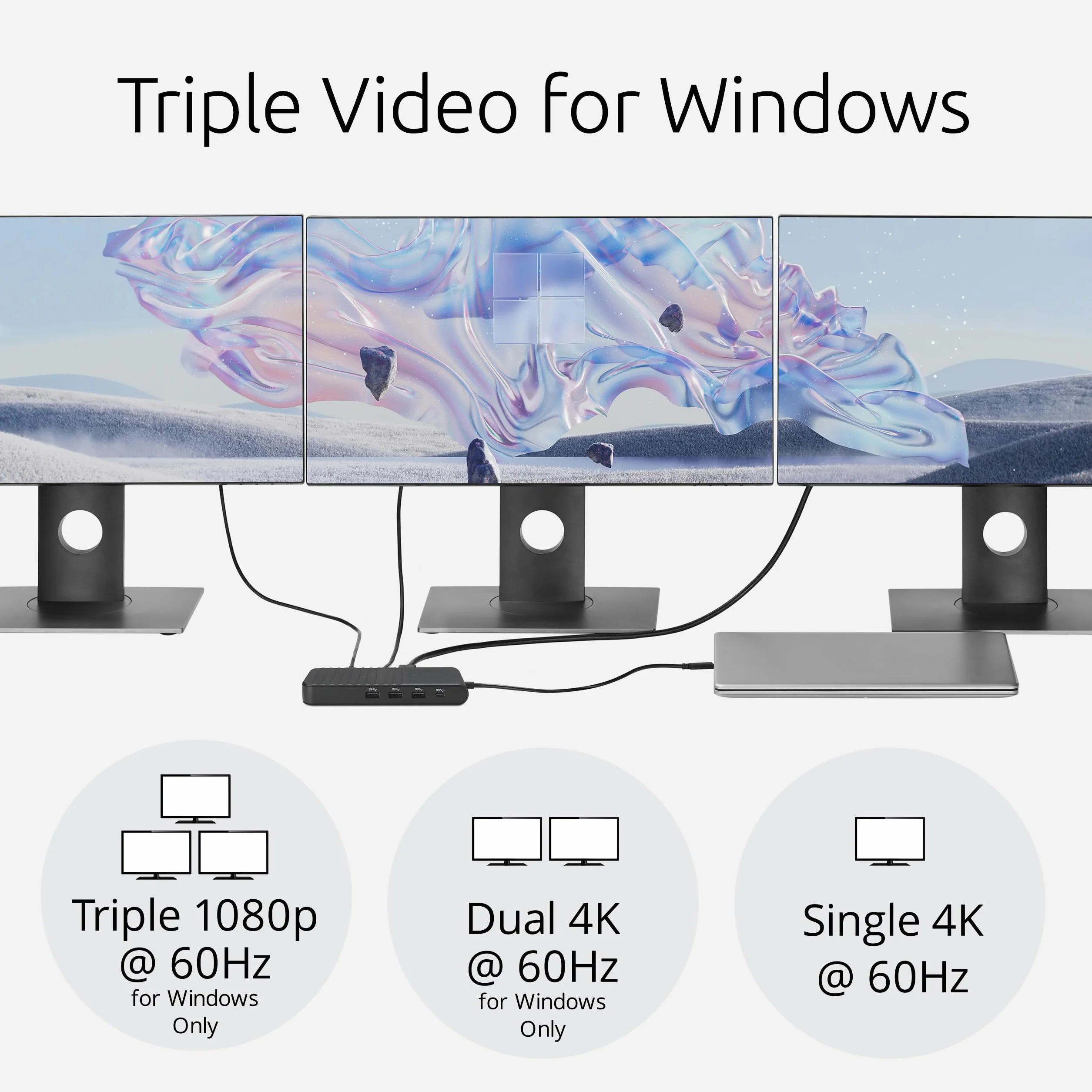 Mobilna stacja dokująca UH1500P Kensington EQ USB-C, potrójne wyjście wideo. Pojedyncze 8K@30Hz. Podwójne 4K@60HZ oraz potrójne 1080p@60Hz. Kompatybilna z laptopami Lenovo, HP, Dell, MacBook. K34039WW