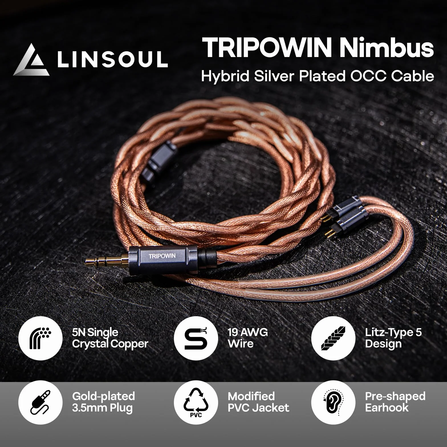 Linsoul Tripowin Nimbus Kabel IEM Hybrid Single Crystal Copper, przewód słuchawkowy LITZ TYPE5 i AWG 19, przewód zamienny HiFi do monitorów dousznych (Recessed 2Pin)
