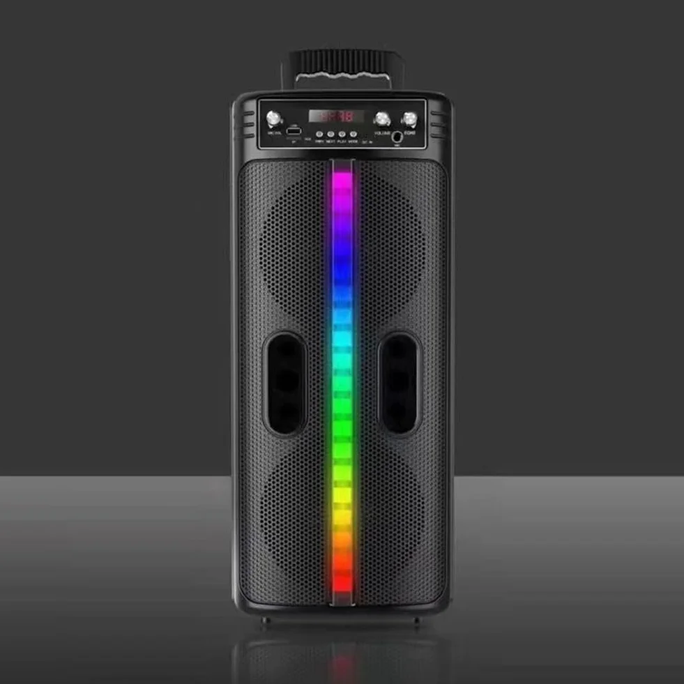 Głośnik Bluetooth ze zdalnym mikrofonem, podwójny subwoofer stereo system dźwiękowy, radio FM, kolorowe światła, przenośna podróż na świeżym powietrzu