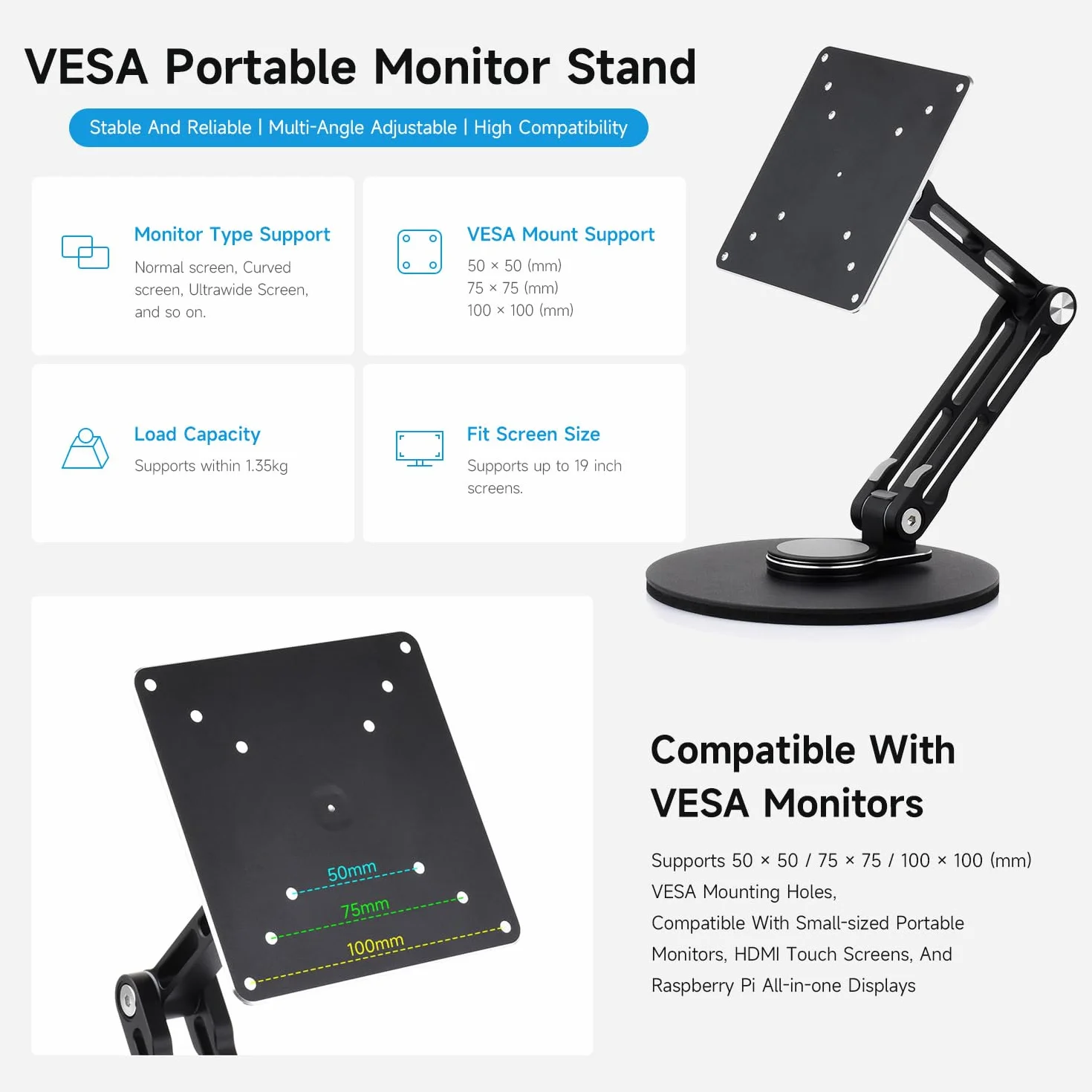 Waveshare VESA Portable Monitor Adjustable Stand, Compatible with Monitors Up to 19 Inches, Multi-Axis Rotation, Ergonomic Design with Weighted Base, Foldable for Easy Storage