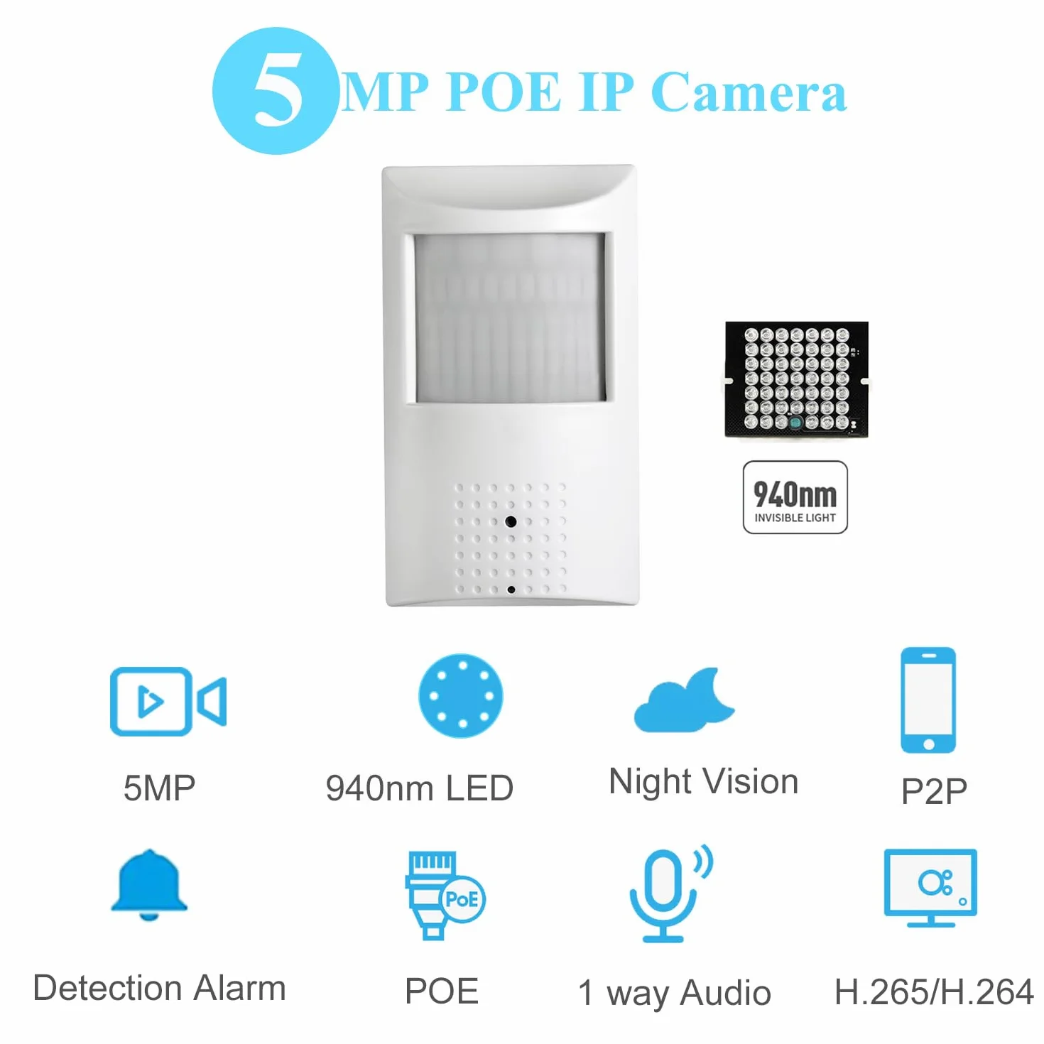 Kamera HD 5 MP PIR Audio POE IP, obiektyw 3,7 mm, widok 80°, 940 nm, LED IR noktowizor, kamera CCTV, mini kamera do monitoringu wewnętrznego, PIR, kamera wideo P2P H.265 (IPIR-P-A-HS, biała)