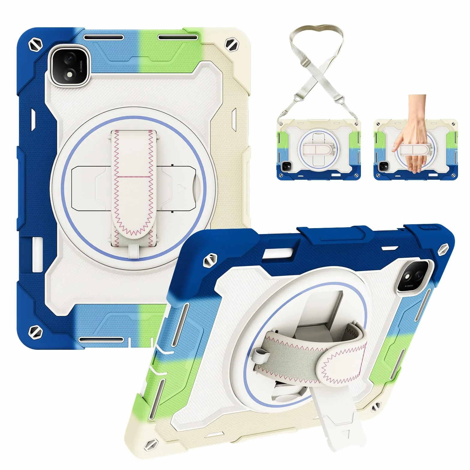 Odporne na wstrząsy etui do Honor Pad GT Pro 31.2 cm / MagicPad 2 31.2 cm, etui dla dzieci, etui z TPU, podpórka, wytrzymały pokrowiec ochronny z paskiem na rękę (niebieski)