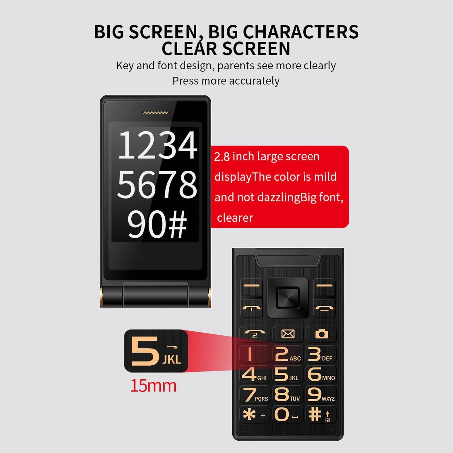 Odblokowany Telefon z klapką dla Seniorów, Podwójna Karta SIM, 2G GSM, Podwójny Ekran, Duże Przyciski z Podświetleniem, Duża głośność, Bateria 5900 MAh (Czerwony)