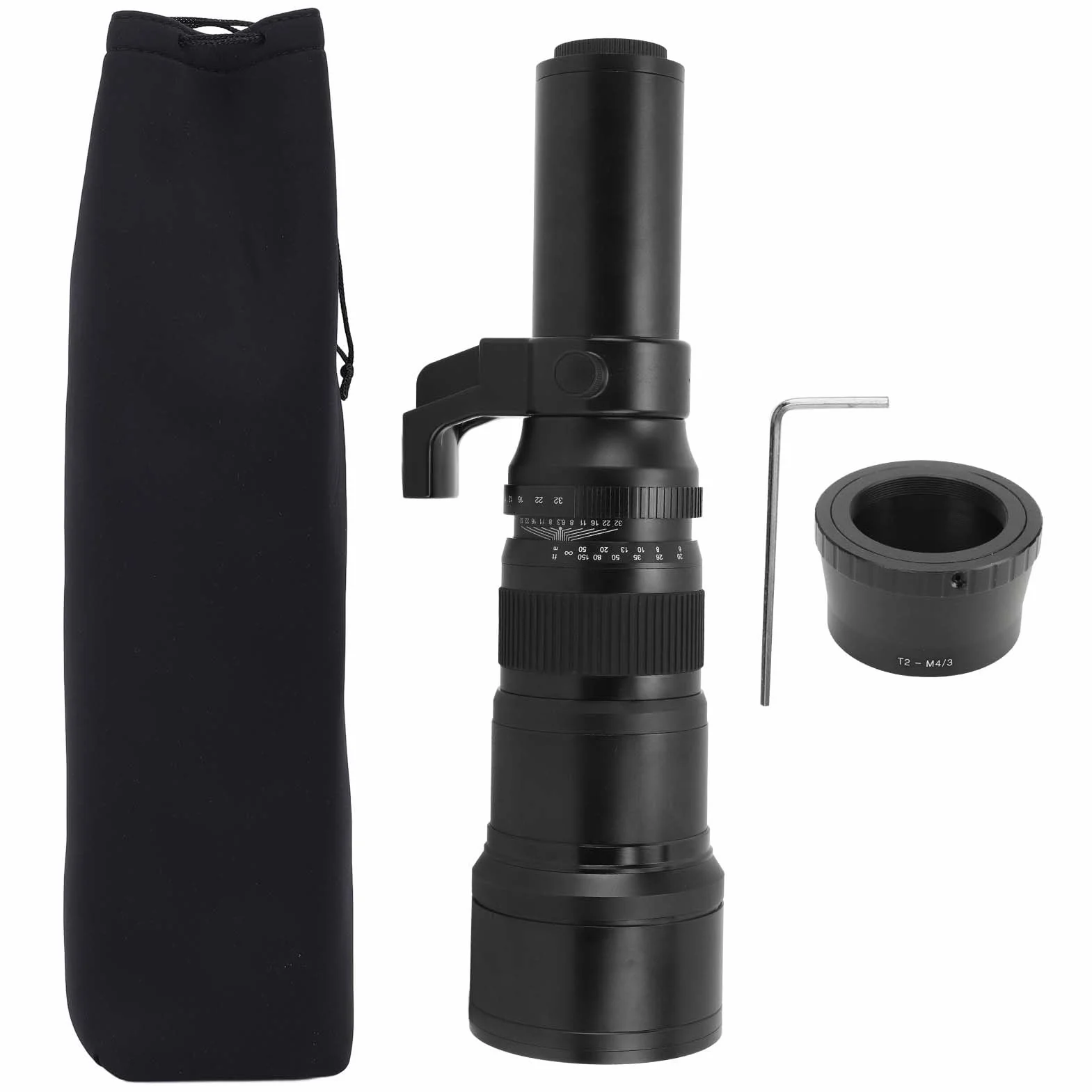 Teleobiektyw, Ręczne Ustawianie Ostrości Obiektyw o Stałej Ogniskowej 500 Mm F6,3 do Fotografowania Dzikiej Przyrody, Adapter T2-M4/3 w Zestawie (BLACK)