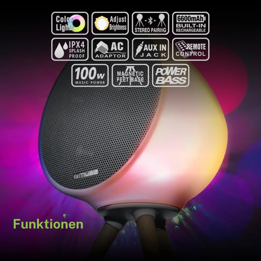 MUSE ML-655 BT | przenośny głośnik HiFi z magnetycznym statywem i światłem otoczenia (RGB) | Bluetooth | duży akumulator 6600 mAh