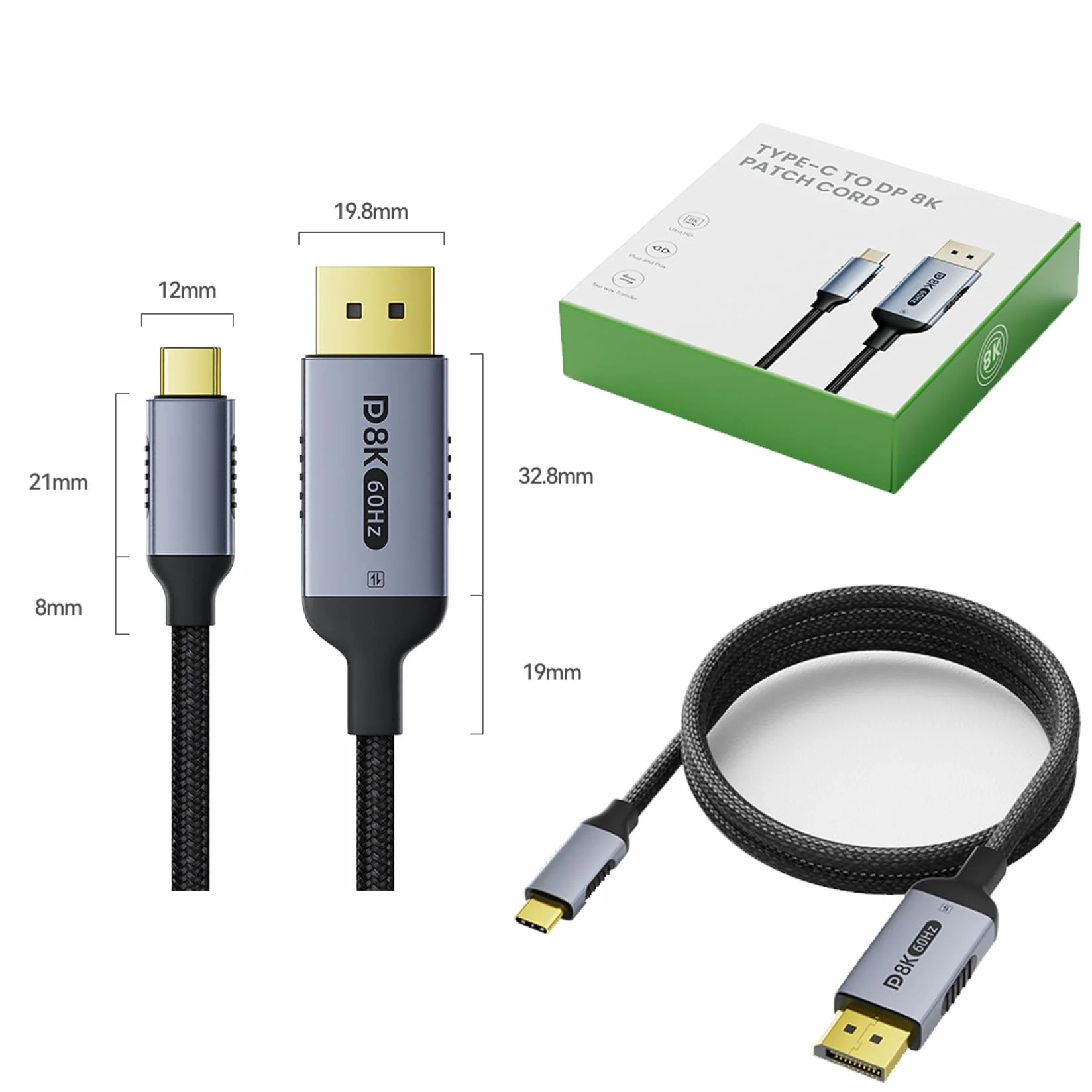 Dwukierunkowy kabel USB-C na DisplayPort 1.4 8K przy 60 Hz 4K przy 240 Hz, 16 m DP na USB C, Thunderbolt 4, aluminiowa obudowa, nylonowy oplot, kompatybilny z iPhone 16 Pro Max, MacBook
