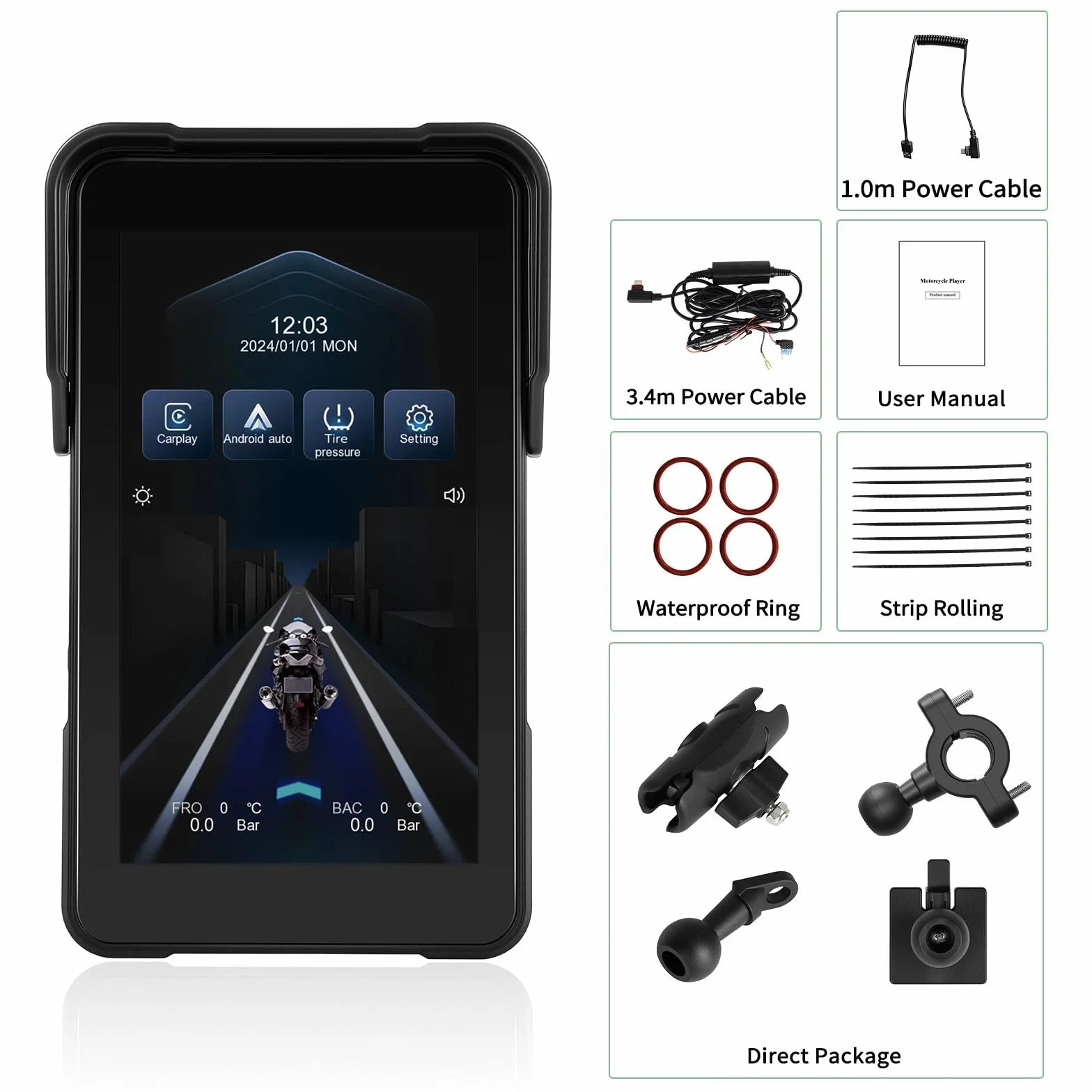 Moto CarPlay ekran do motocykli, bezprzewodowy CarPlay i Android Auto 5", wyświetlacz HD 5", wodoszczelność IP68, z Bluetooth, obsługa TPMS, zdejmowane zabezpieczenie przed kradzieżą