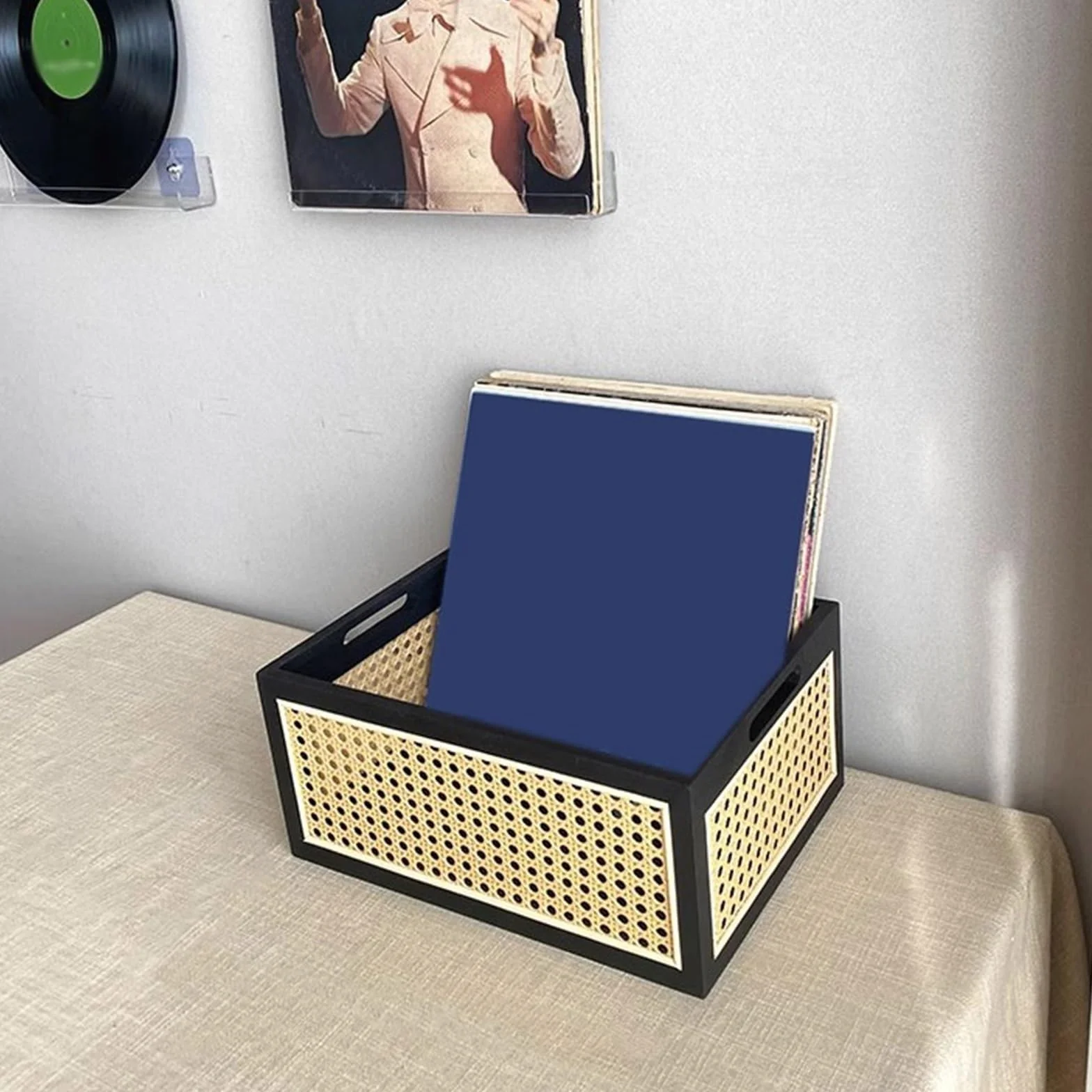 Pudełko do przechowywania płyt CD Pudełko na płyty winylowe, uniwersalne, drewniane, plecione, do przechowywania albumów CD i książek na studia