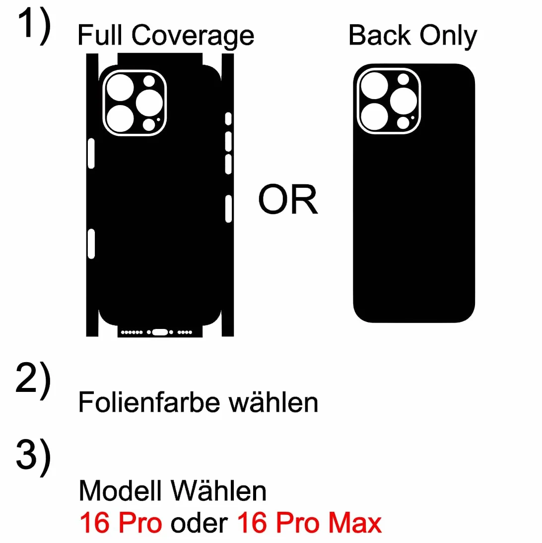 Skins kompatybilna z iPhone 16 Pro i 16 Pro Max, Skin folia ochronna 360° Full Coverage lub Only (tylko tył, czarny karbon, iPhone 16 Pro)