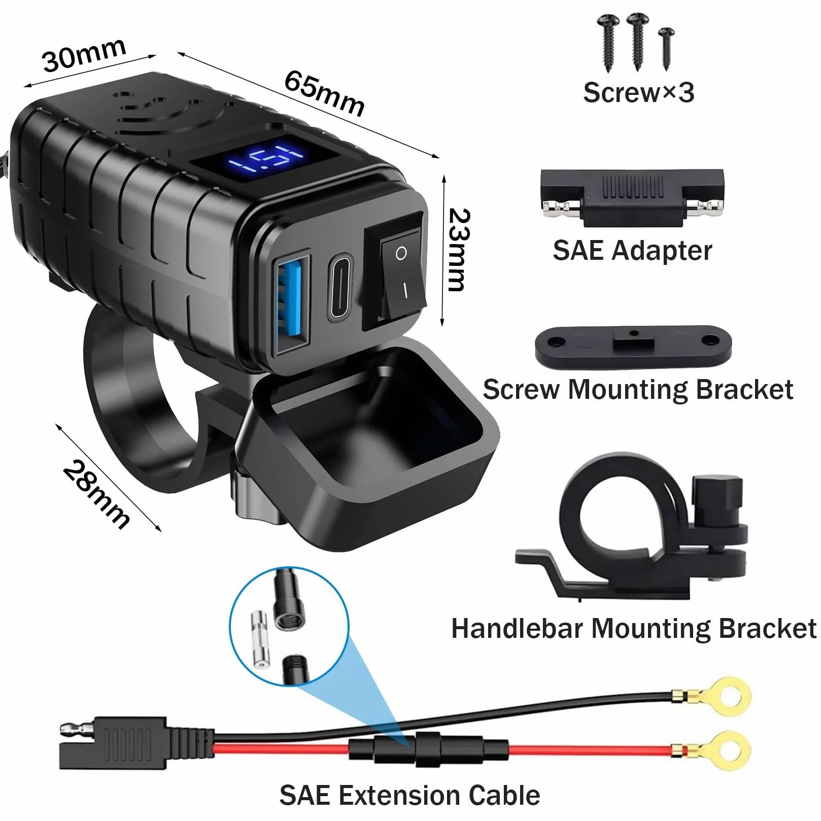 Idota Motocyklowe gniazdo USB Multi kabel USB adapter szybkozłączki | Wodoszczelna ładowarka z włącznikiem/wyłącznikiem i funkcją Quick Charge typu C do motocykli i kamperów