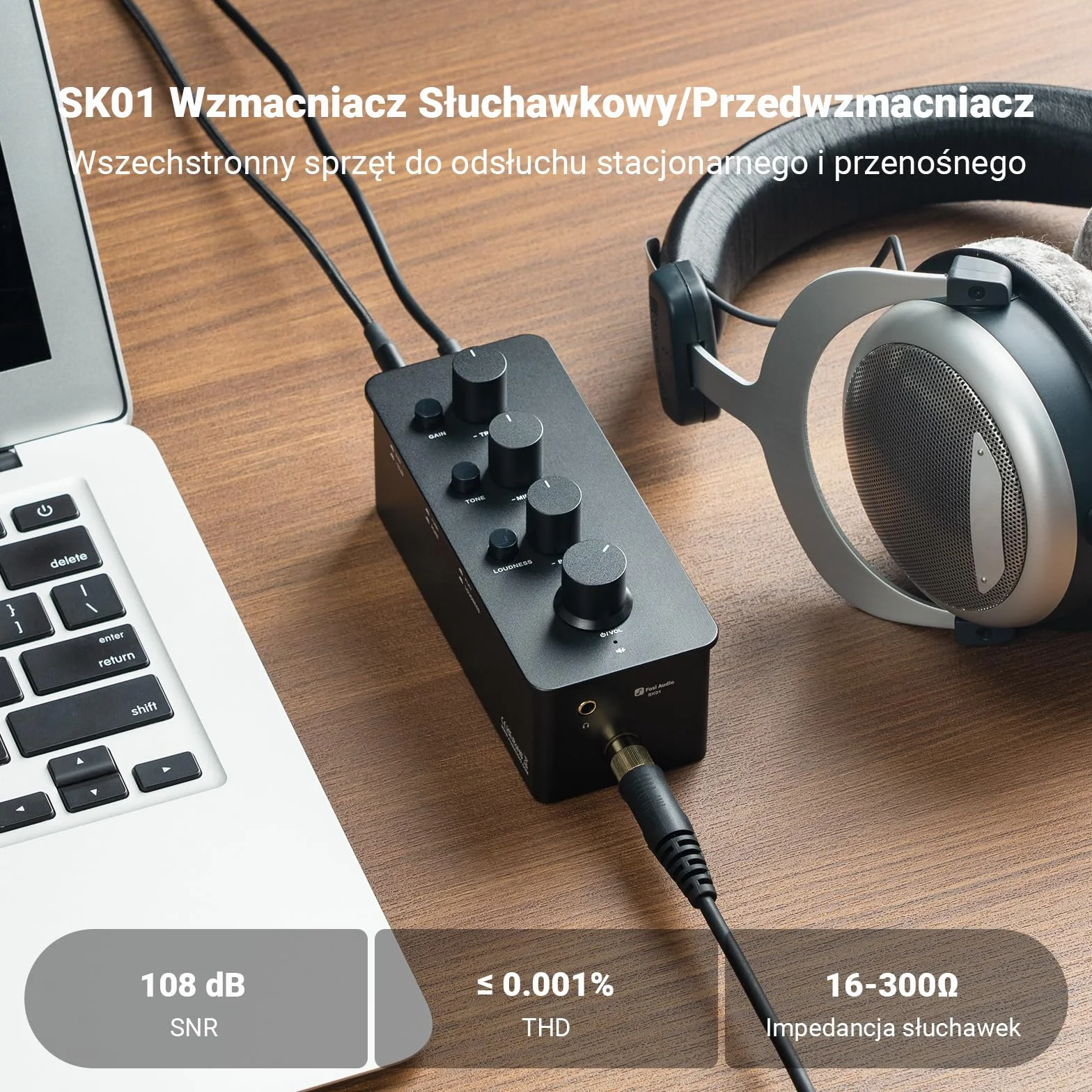 Fosi Audio SK01 Wzmacniacz Słuchawkowy z Korektorem Preamp z Regulacją Tonów Niskich średnich i wysokich oraz kompensacją głośności Analogowy Amp Klasy A do gitary elektrycznej z gniazdami 3,5/6,35mm