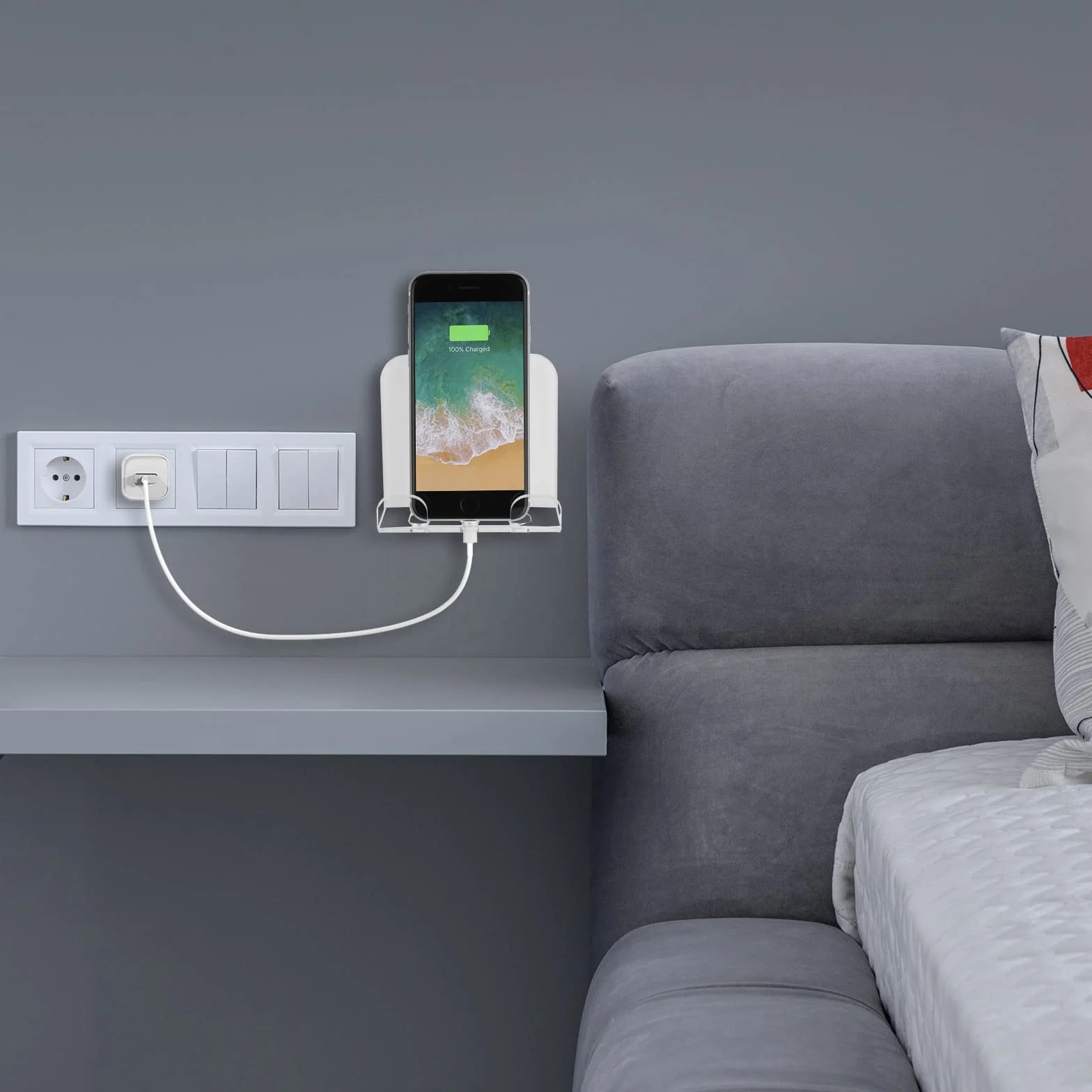 Cosmos Uchwyt ścienny na telefon, stojak do ładowania smartfona, stojak ścienny, organizer przy łóżku, uchwyt do przechowywania, kompatybilny z większością telefonów i mini tabletów, do domu, biura