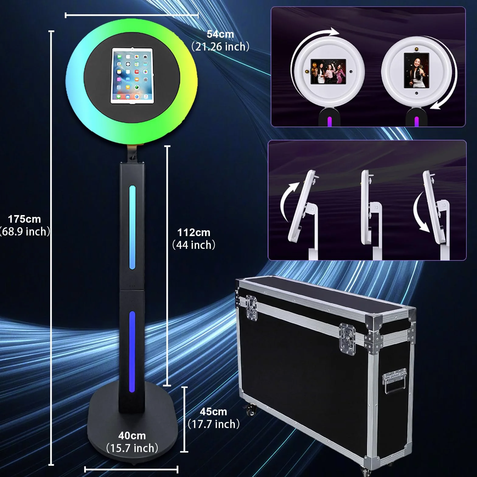 Przenośna fotobudka kompatybilna z iPadem 25.9 cm 27.7 cm 27.9 cm 32.8 cm 32.8 cm 33'' urządzenie do selfie z pierścieniem LED RGB i etui lotnicze na wydarzenia, wynajem weselny (czarna, fotobudka do