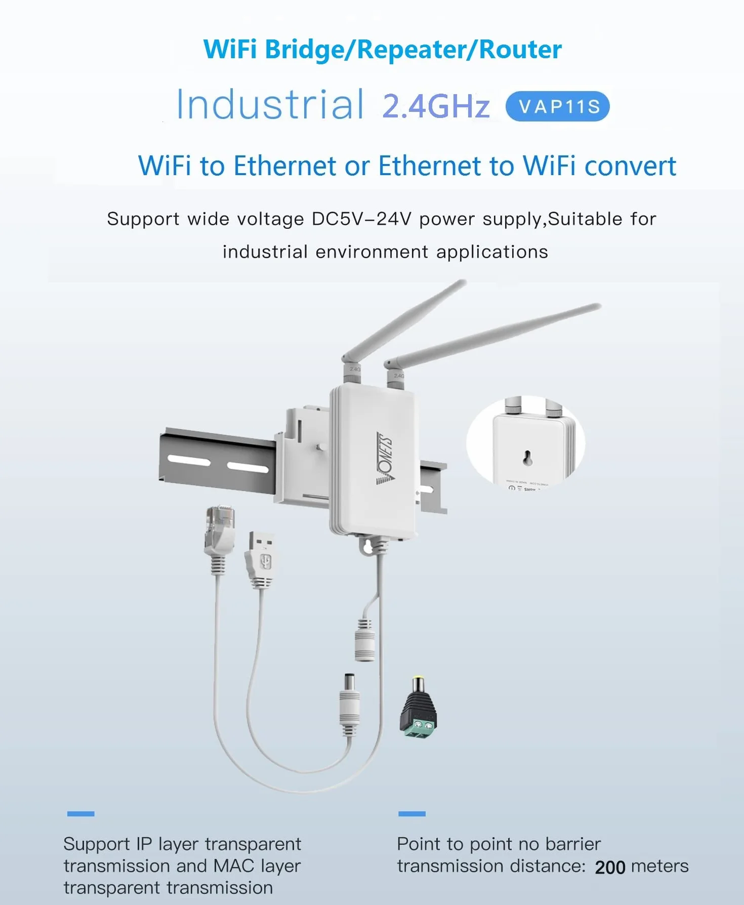 VONETS Przemysłowy 2,4 GHz WLAN Bridge Ethernet WiFi Router Wireless Repeater WiFi Hotspot Extender wzmacniacz sygnału 2 porty RJ45 do urządzeń sieciowych DVR PLC z zasilaczem sieciowym 12 V/1 A