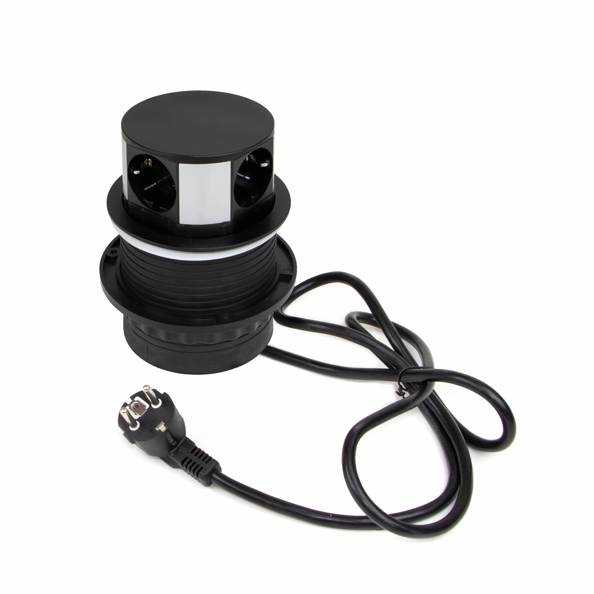 Emuca - Listwa zasilająca z gniazdkami Vertikal Push średnica 100 mm, 3 wtyczki typu Schuko, 1 USB typu A, 1 USB typu C, Stal i Plastik, Malowane na czarno