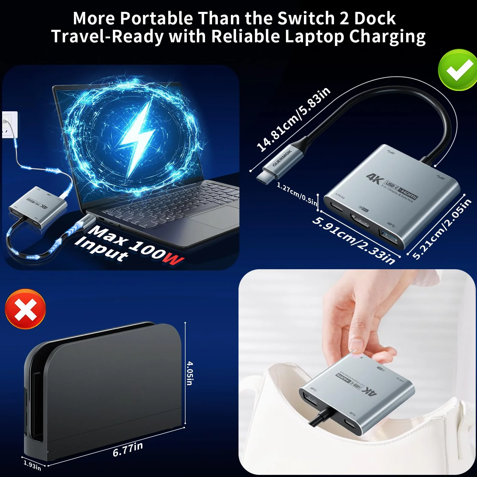Guermok, Mobilna stacja dokująca USB-C, 4K60Hz, PD100W, 2×USB-A3.0, srebrny | Ładowanie podczas wyświetlania, TV mode, Obsługuje konsole przenośne, Plug & Play bez sterowników, monitory przenośne, PD100W