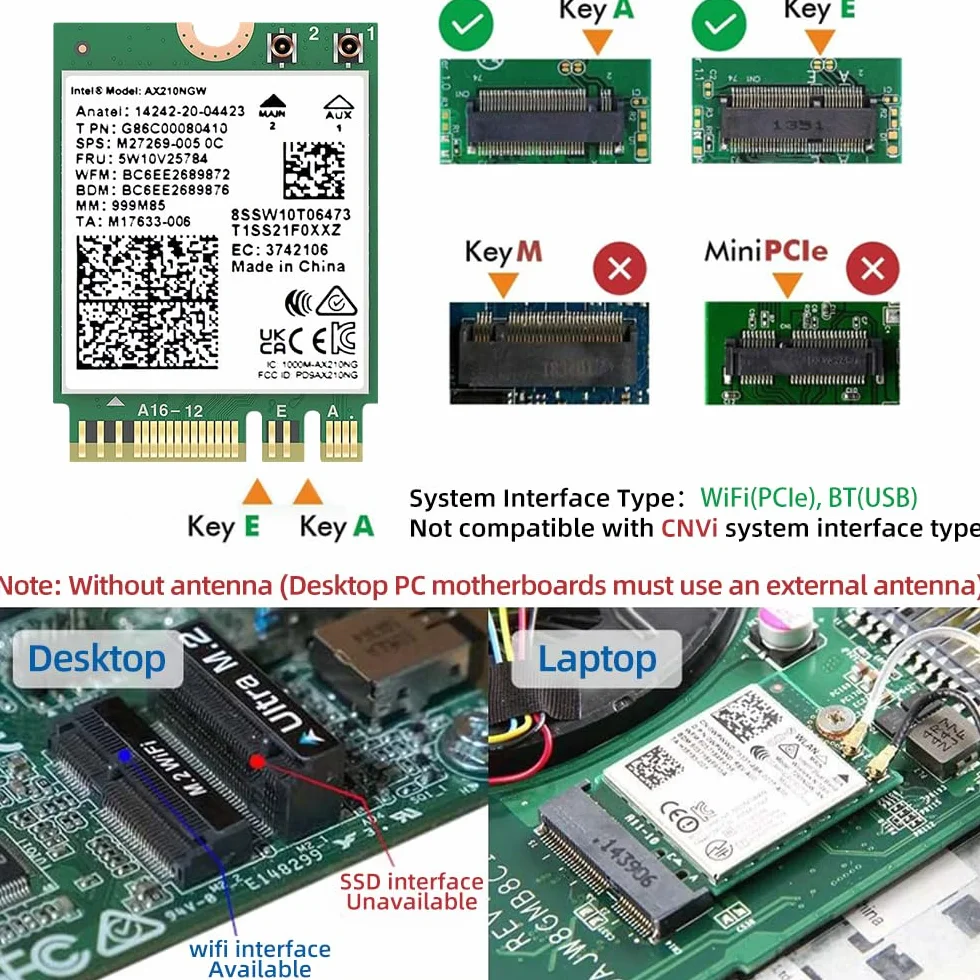 Karta WiFi AX210NGW, Wi-Fi 6E 11AX, rozszerzenie do 6 GHz MU-MIMO Tri-Band adapter sieciowy z Bluetooth 5.3