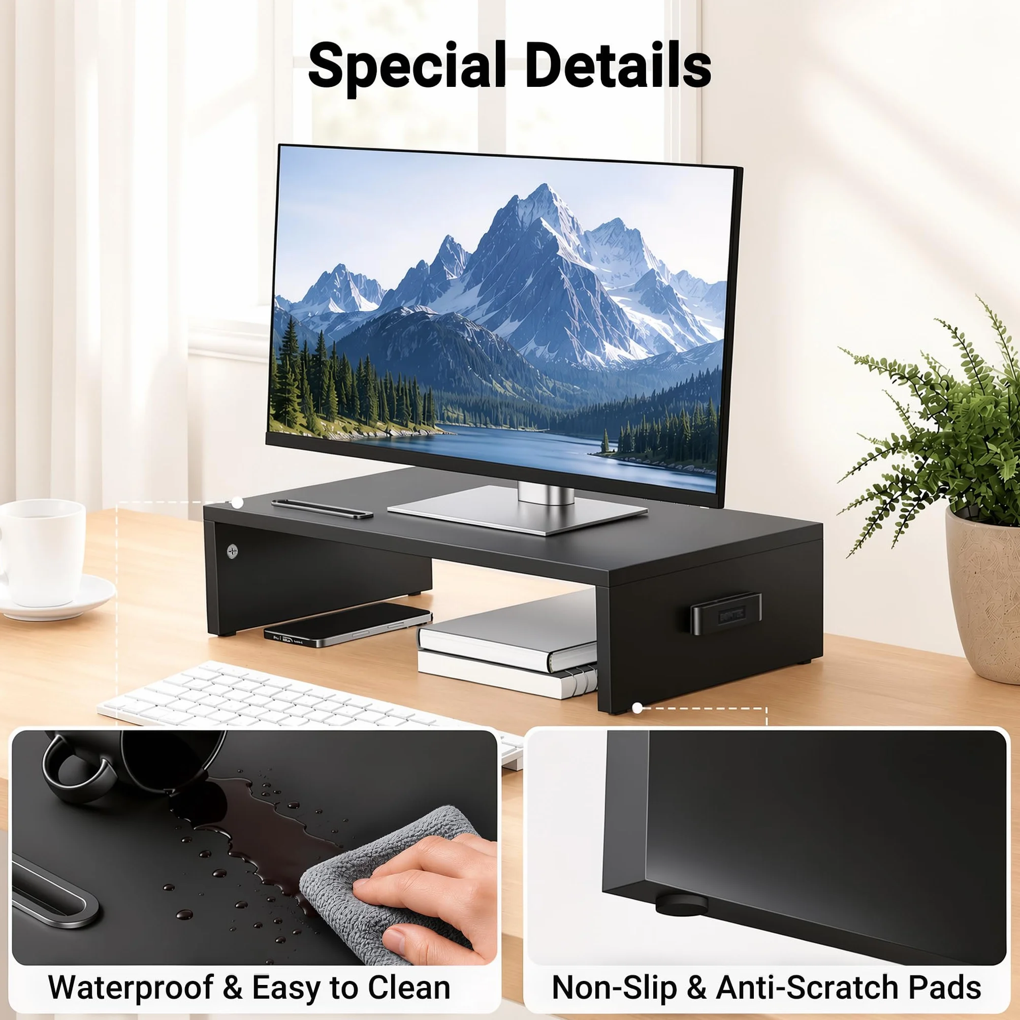 BONTEC Podstawka pod monitor, stojak na monitor, uchwyt na telefon, ergonomiczna podstawka pod drukarkę, pod laptopa z miejscami na kable, do komputerów, notebooków, iMaców, Pecetów, 42 cm, czarny