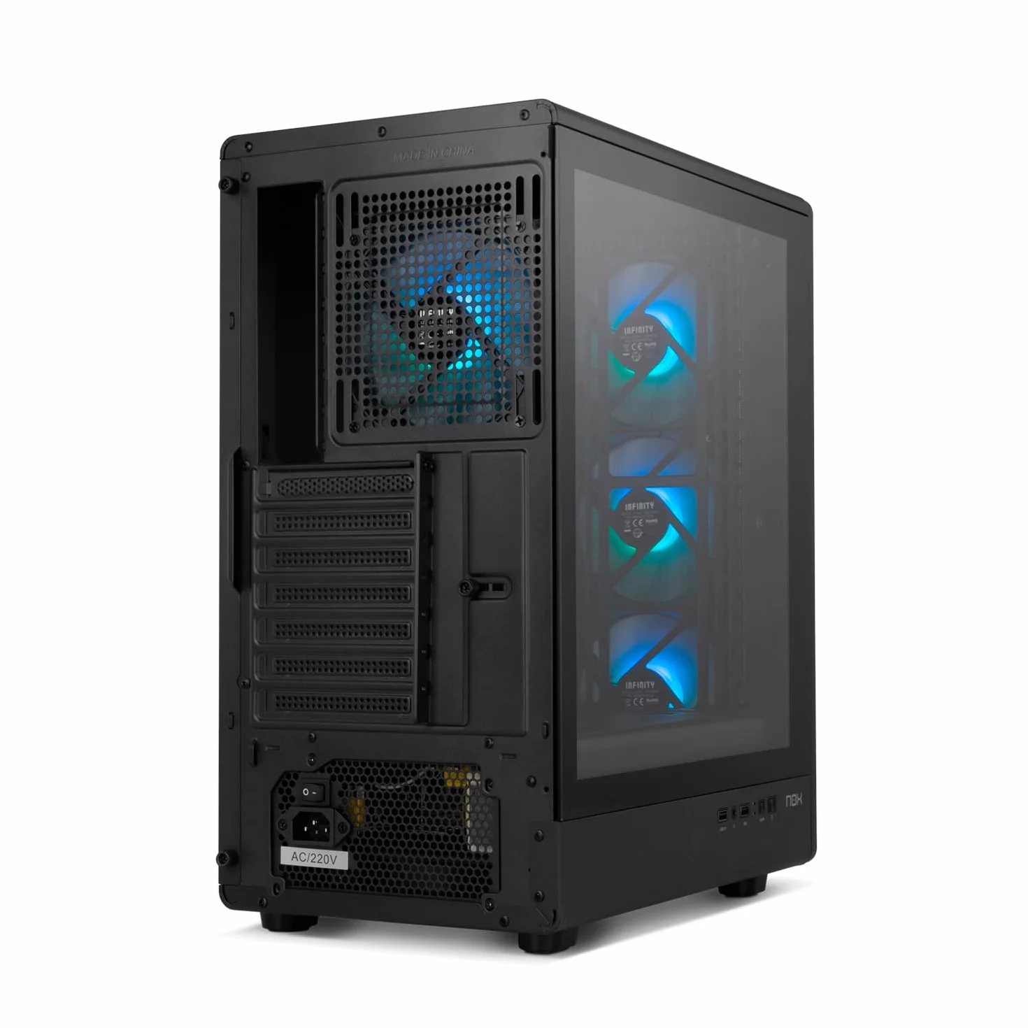 NOX XTREME PRODUCTS INFINITY IOTA – Obudowa ATX Mid-Tower | M-ATX | ITX, Zawiera 4 wentylatory ARGB 120 mm, Mesh z przodu, Hartowane szkło z boku, USB 3.0, Wsparcie dla GPU do 330 mm, Czarny