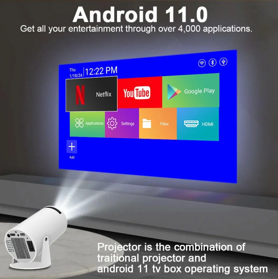 Mini projektor wideo kompatybilny z WiFi i Bluetooth, 1080P, Android 11.0 TV OS, Netflix, YouTube, HDMI, sterownik flash USB, kompatybilny z telefonem iPhone i systemem Android