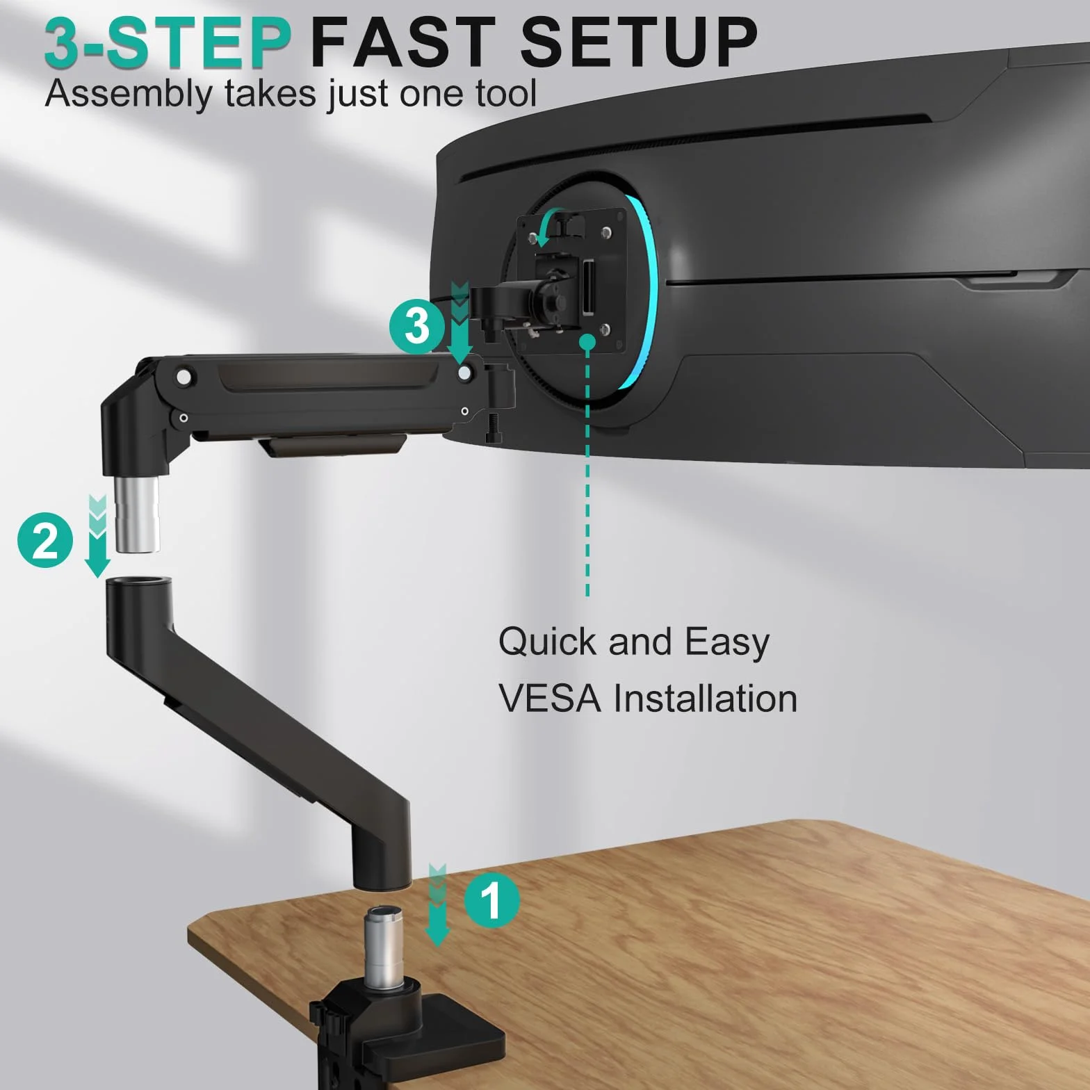 WALI Ramię ze sprężyną gazową z pojedynczym monitorem do ultrawide ekranu do 35 cali i 15 kg, wytrzymały stojak na monitor, w pełni regulowany uchwyt na biurko, VESA 75 i 100 mm, czarny (GSM001XL)
