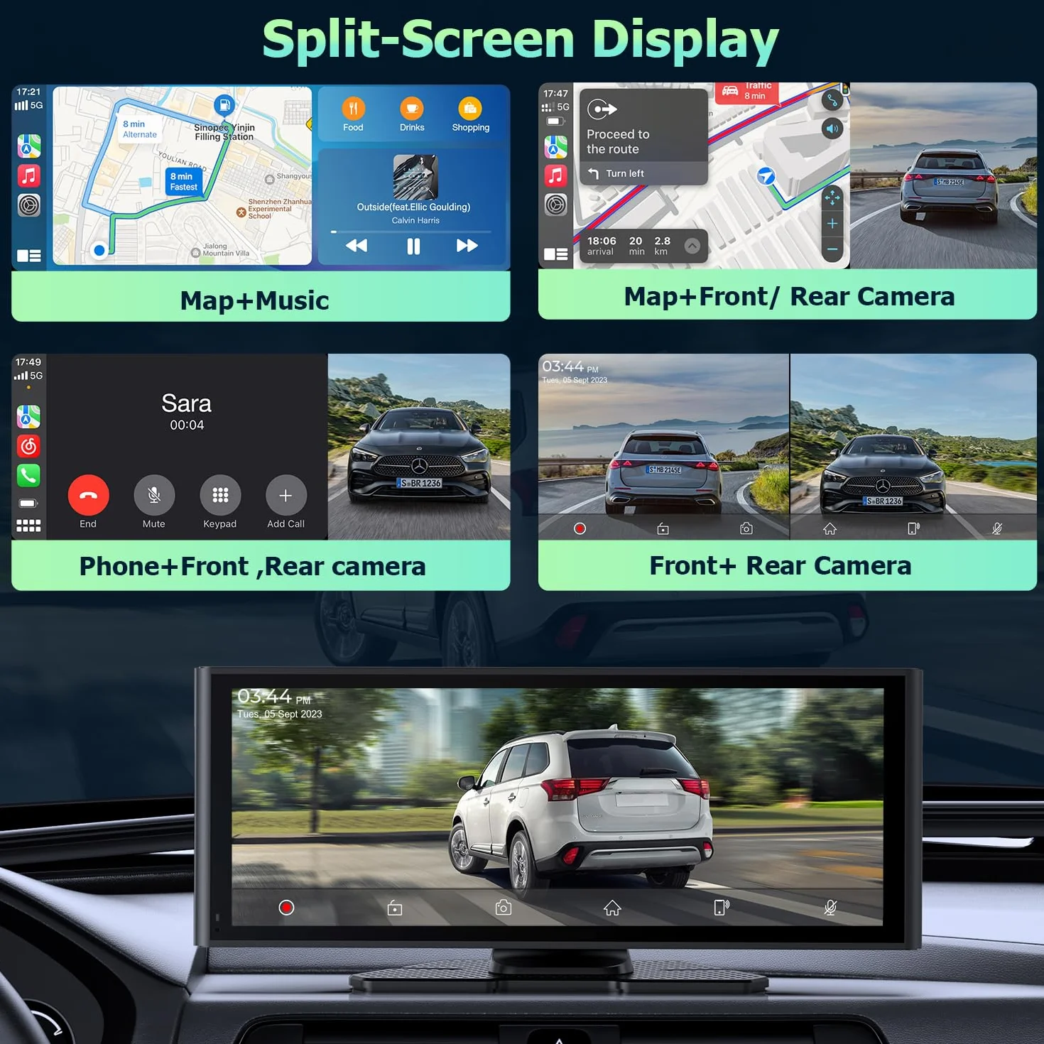 10,26" wyświetlacz CarPlay z kamerą rozdzielczą 4K, Android Auto, kamera cofania 1080p, pamięć 64 GB, Bluetooth