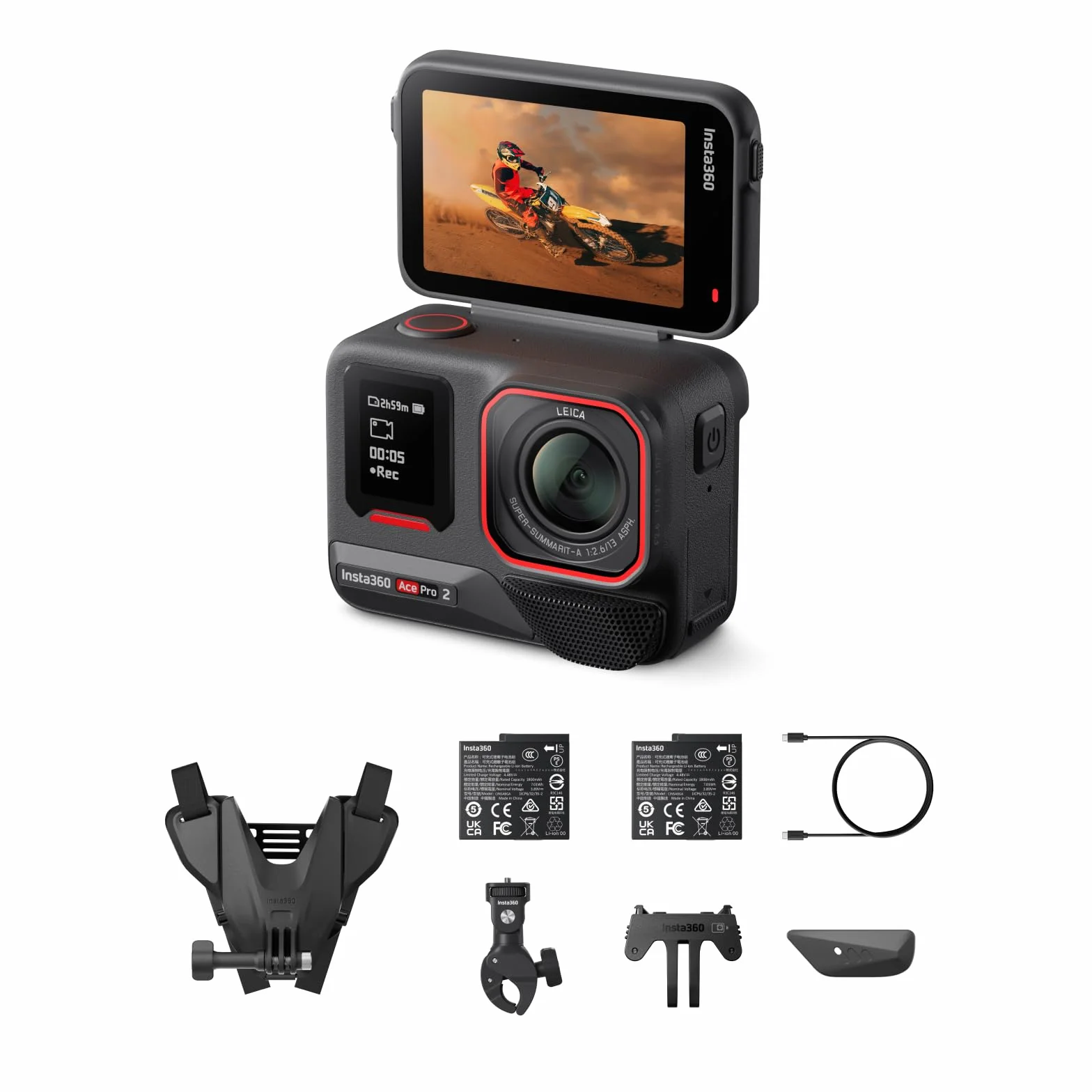 Insta360 Ace Pro 2 zestaw podwójnej baterii - wodoodporna kamera sportowa 8K współinżynier z Leica, czujnik 1/1,3", podwójny układ AI, Leading Low Light, Superior Audio, Flip Screen & Editing