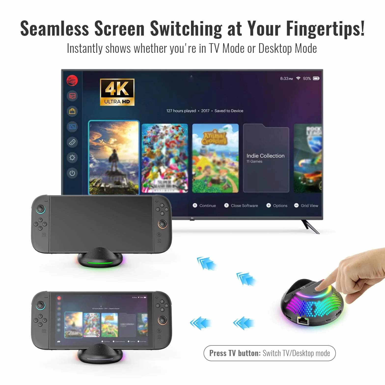 Stacja dokująca do telewizora 4K do Switch 2, stacja dokująca 5 w 1 z wyjściem 60 Hz, oświetlenie RGB i szybkie ładowanie, koncentrator HDMI USB-C LAN do konsoli Nintendo Switch 2