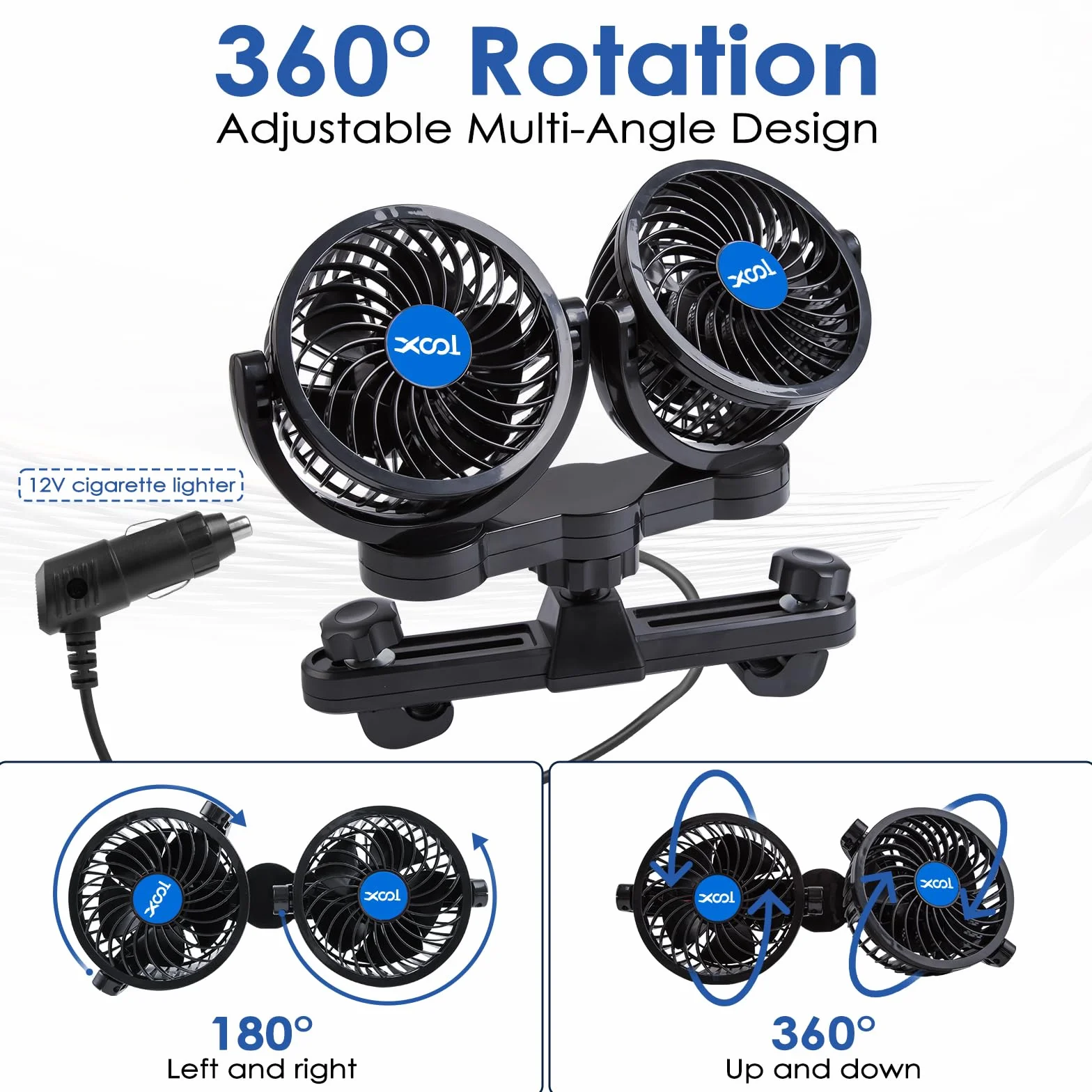 XOOL wentylator samochodowy na tylne siedzenie, przenośny, montowany na zagłówku, obrót 360°, 12V, chłodzenie, płynna regulacja prędkości, do aut, SUV i kamperów