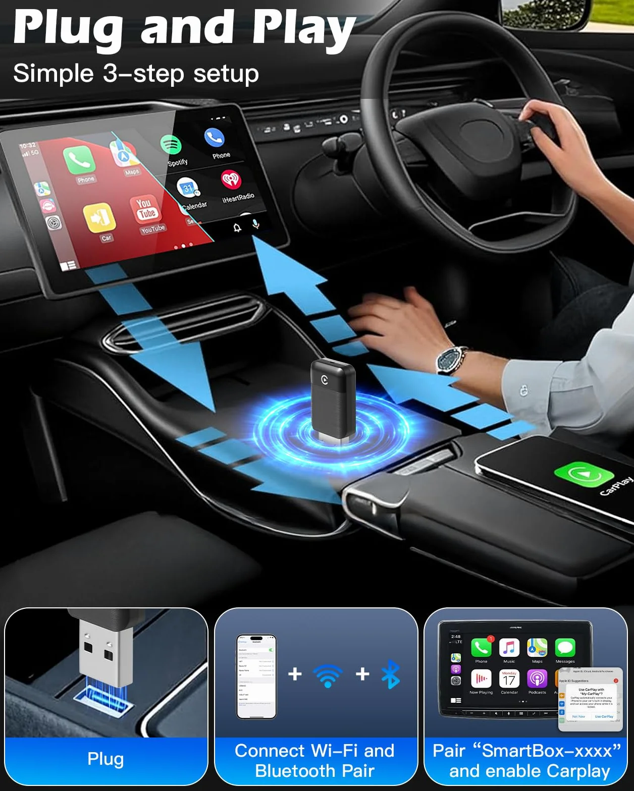 Lullu Bezprzewodowy adapter Carplay 2026, kompatybilny z iPhone iOS 10+ | Ulepszony konwertuje przewodowy na bezprzewodowy, USB/typ C, Plug & Play, Bluetooth Mini Carplay Stick i Auto 2016+