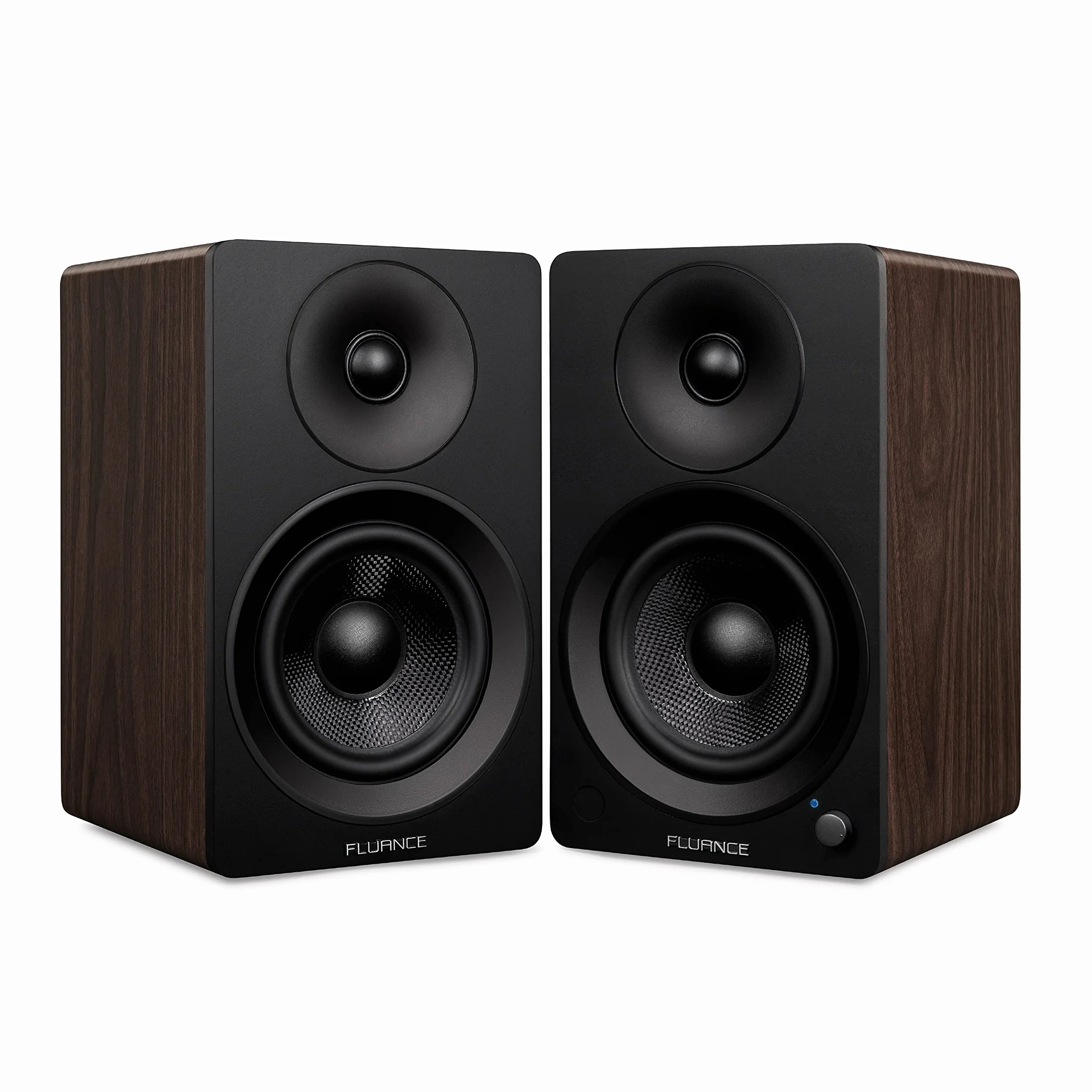 Fluance Ai41 aktywne 2-drożne głośniki stereo 2.0 półkowe z 5" przetwornikami, wzmacniaczem 90 W do gramofonu, TV, PC i Bluetooth 5, RCA, optyczne, Sub-Out – Naturalny orzech