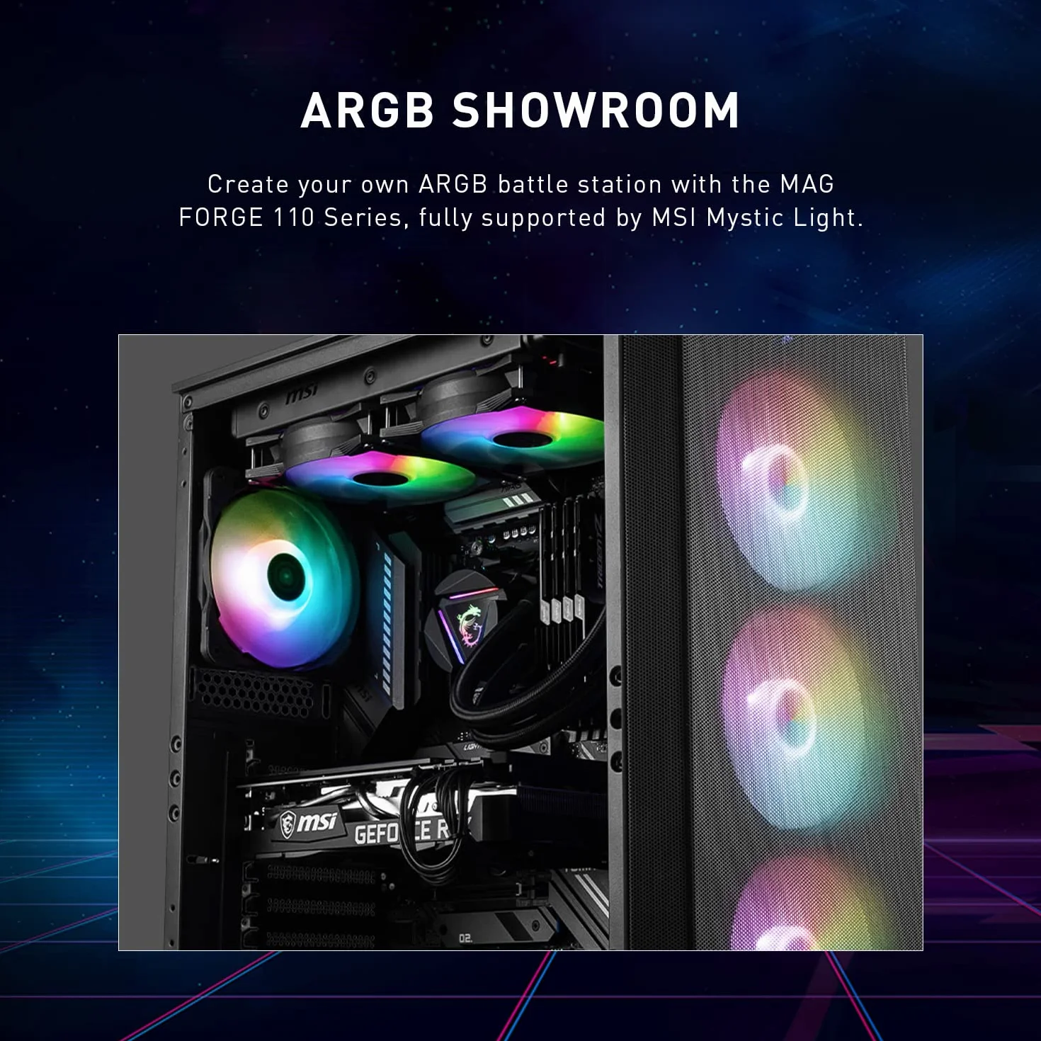 MSI Gaming Mid Tower obudowa PC, panel boczny ze szkła hartowanego, 4 wentylatory aRGB 120 mm, uchwyt chłodzący cieczą do 240 mm x 1 - MAG Forge 112R