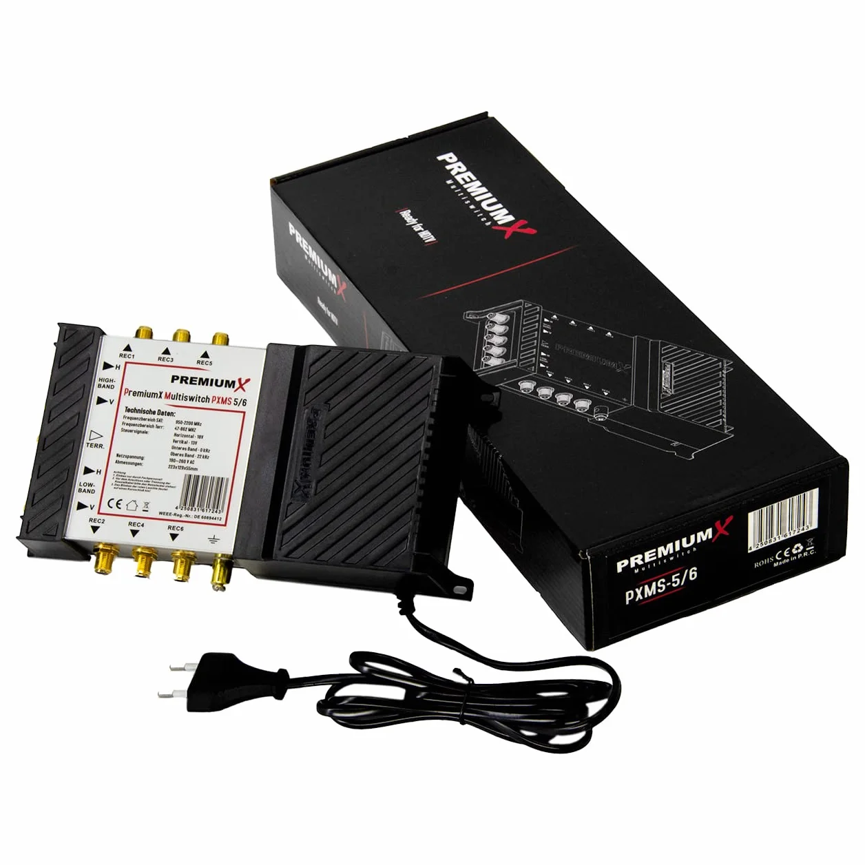 PremiumX PXMS Multiswitch 5/6 z zasilaczem - Dystrybutor sygnałów satelitarnych dla 6 użytkowników - Obsługuje Digital HDTV FullHD 4K UHD 8K