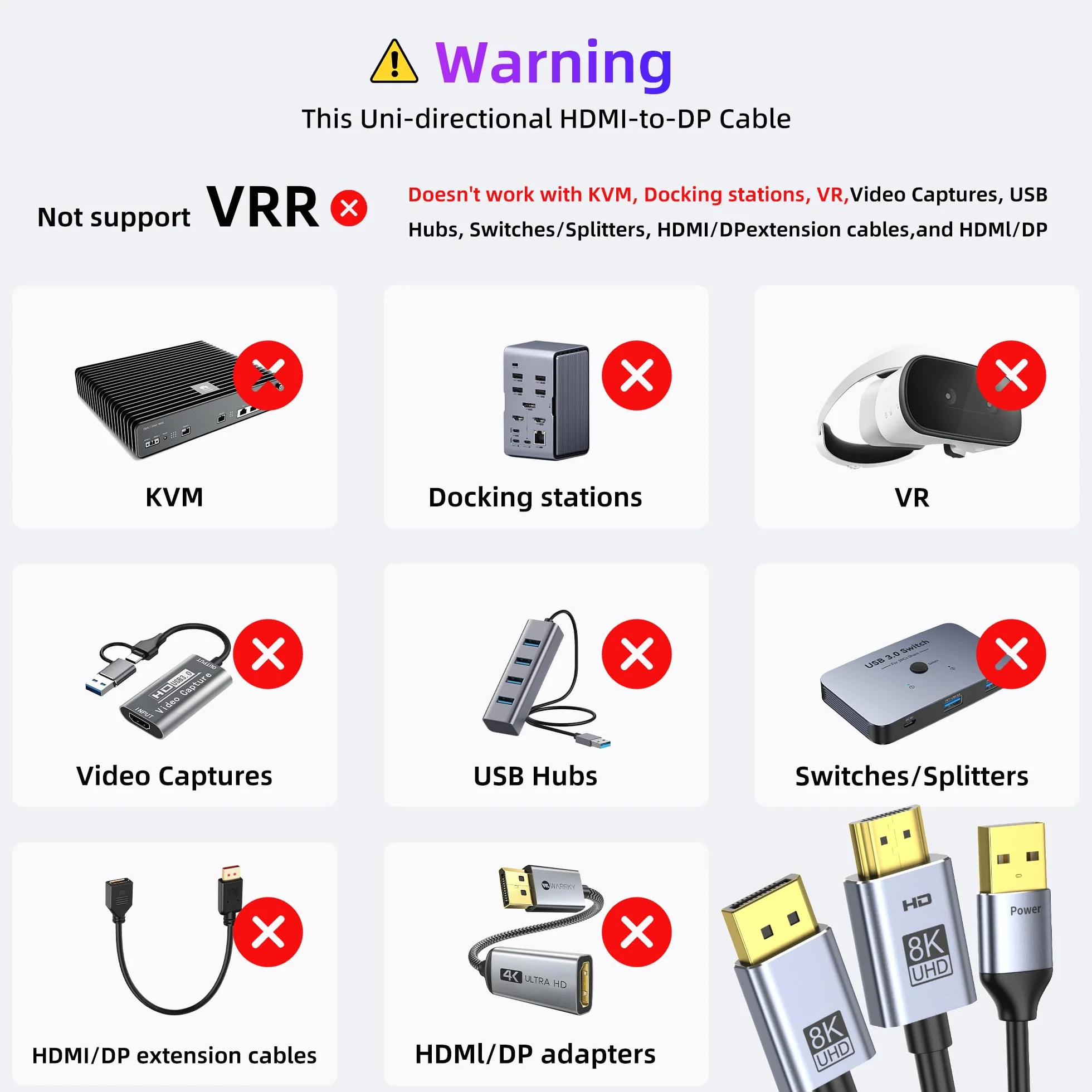 fairikabe kabel adapter HDMI 2.1 do DisplayPort 1.4 4K@144Hz, 1,8 m, kabel aktywny jednokierunkowy HDMI 4K@120Hz/8K do Display Port, kabel monitora 8K, konwerter do komputera PC PS5 Xbox, złącze wtyk