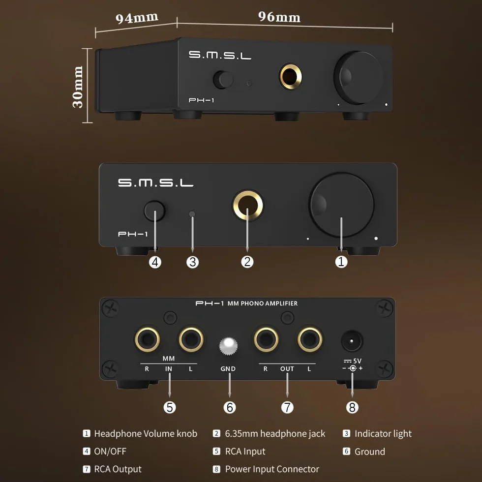 SMSL PH-1 High Fidelity MM Fonofonowy Złoty Wzmocnienie 46 dB SNR 84 dB THD+N 0,008% 6,35 mm Słuchawki Hi-Res Amp RCA Wejście/Wyjście Duża Głośność