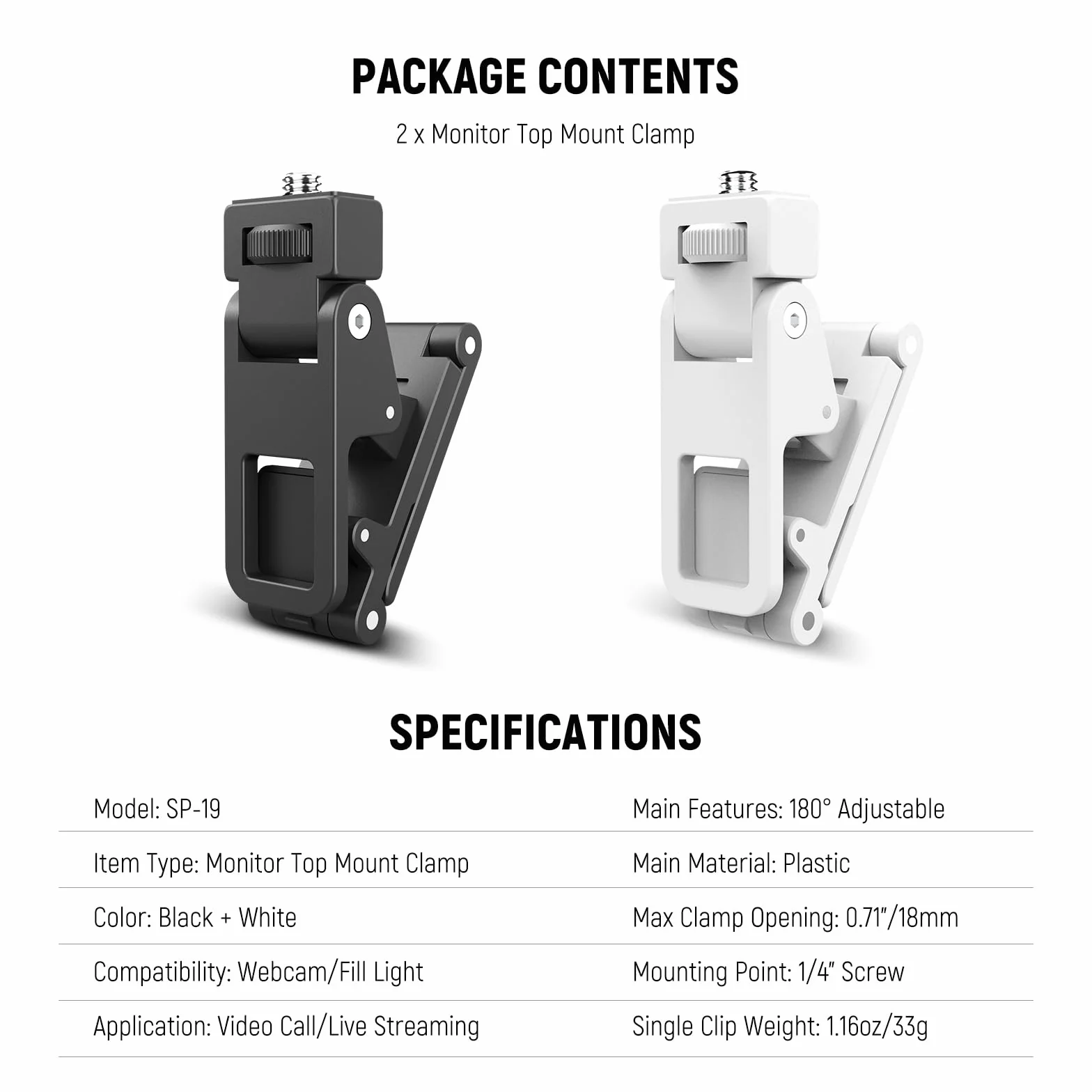 NEEWER Basics 2 szt. Monitor Top Mount Clamps, 1/4" Śruba do kamery internetowej Selfie Obręcz światła, 0,71 cala/18 mm Jaw 180° Tilt Mobilny Klip Uchwyt do Nagrywania Wideo Streaming Komputera