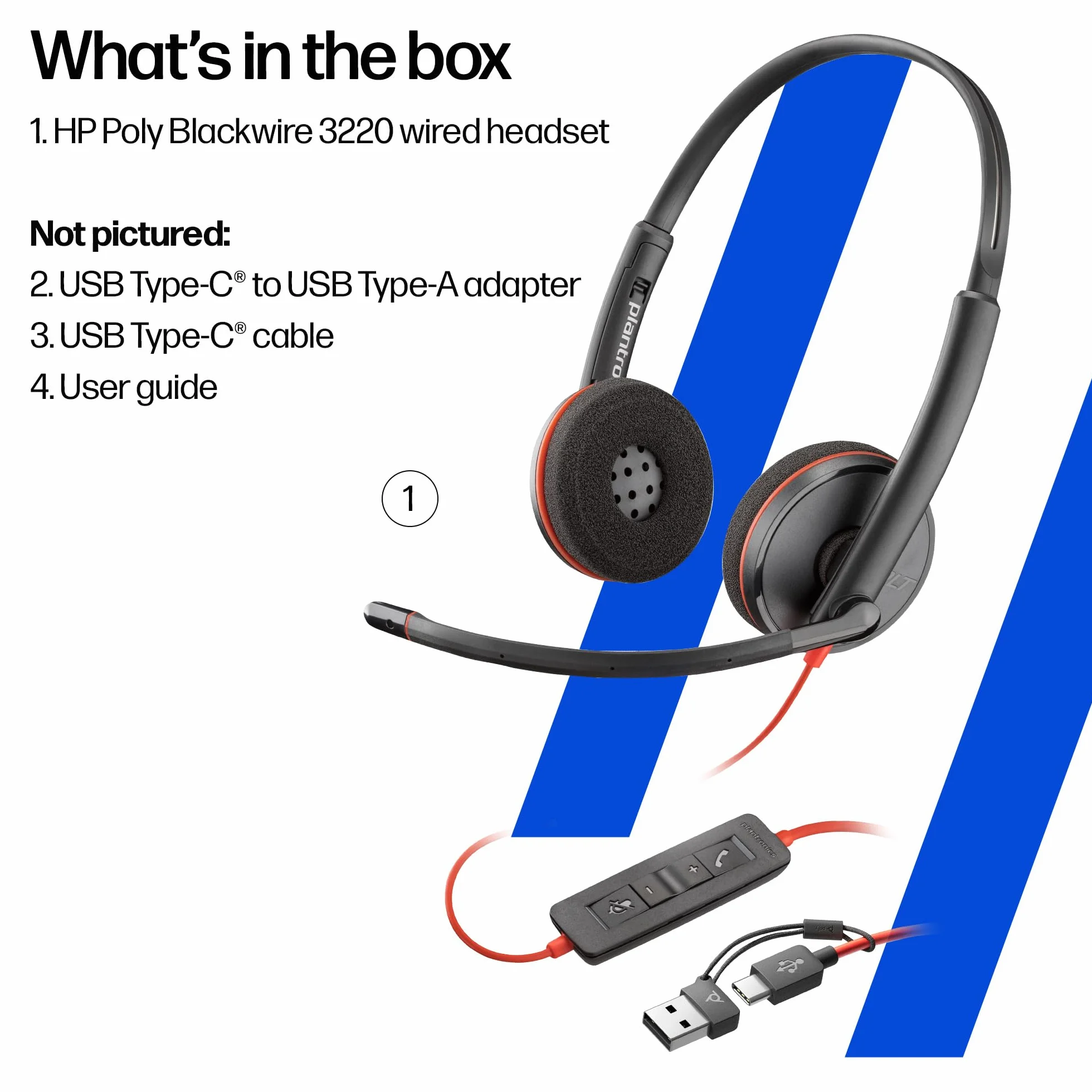 Poly Blackwire 3220 przewodowy zestaw słuchawkowy - mikrofon z redukcją szumów - konstrukcja stereo - podłączenie do PC/Mac przez USB-C lub USB-A - działa z zespołami, zoom