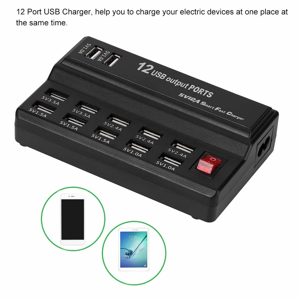 12-portowa Ładowarka USB z Inteligentnym Szybkim Ładowaniem dla Wielu Urządzeń, Ładowarka Do Telefonu Komórkowego, Tabletu, Laptopa, Wentylatora - Idealna Do Domu, Biura i Podróży