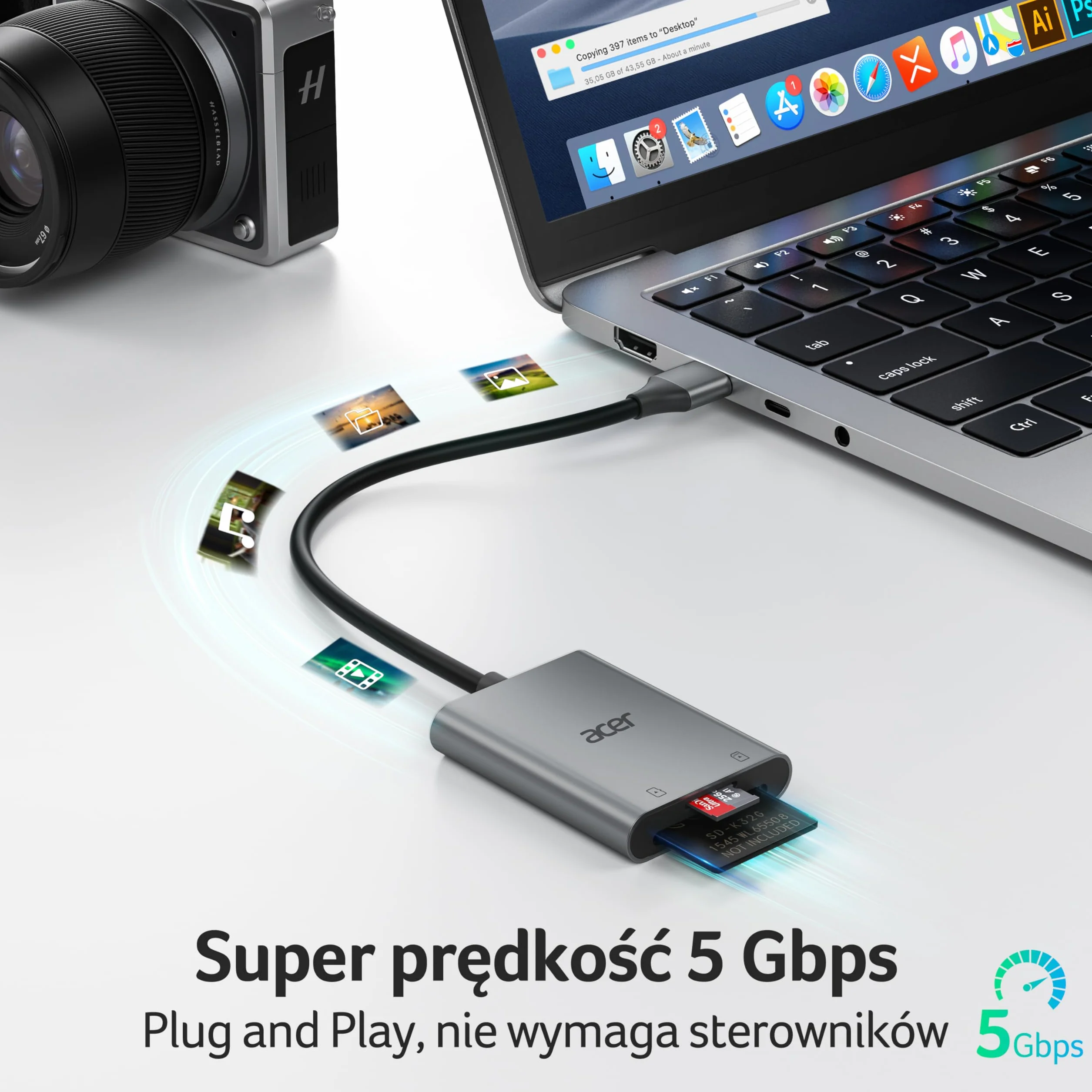 Acer Czytnik kart SD USB 3.0 z kablem, Aluminiowy czytnik kart pamięci UHS-I, USB-A Adapter micro SD Wysoka prędkość, do kart SDXC, micro SDHC, TF, RS-MMC, Komputer, PC, laptop, kamera szlakowa