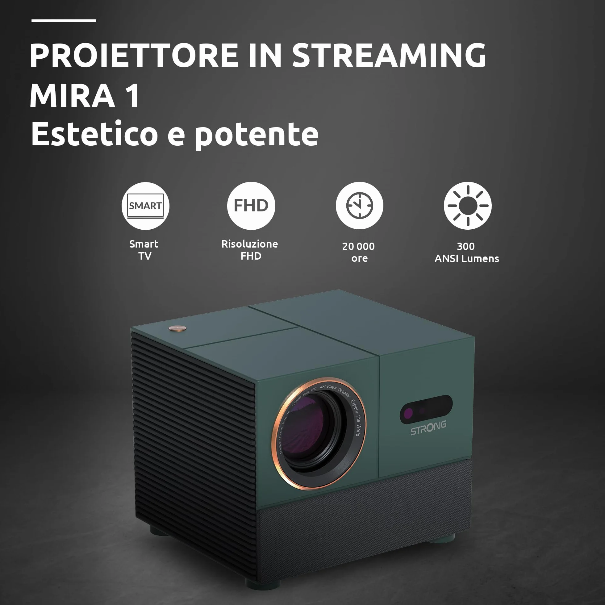 Strong MIRA1 Oficjalny projektor wideo Google TV Smart 1080P, kompatybilny z 4K, z automatycznym ustawianiem ostrości i kluczem, przenośny projektor zewnętrzny Bluetooth do iOS/Android/kina domowego