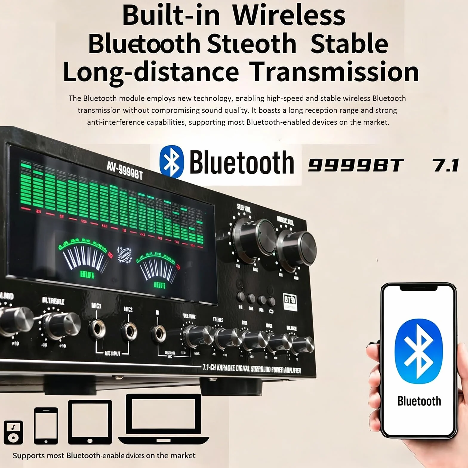 Wzmacniacz audio stereo 7.1, domowy amplituner audio o mocy 1800 W, wzmacniacz Bluetooth 6.0 HiFi, obsługa wejścia DVD/CD/AUX, podwójny dynamiczny ekran, do głośników domowych i karaoke