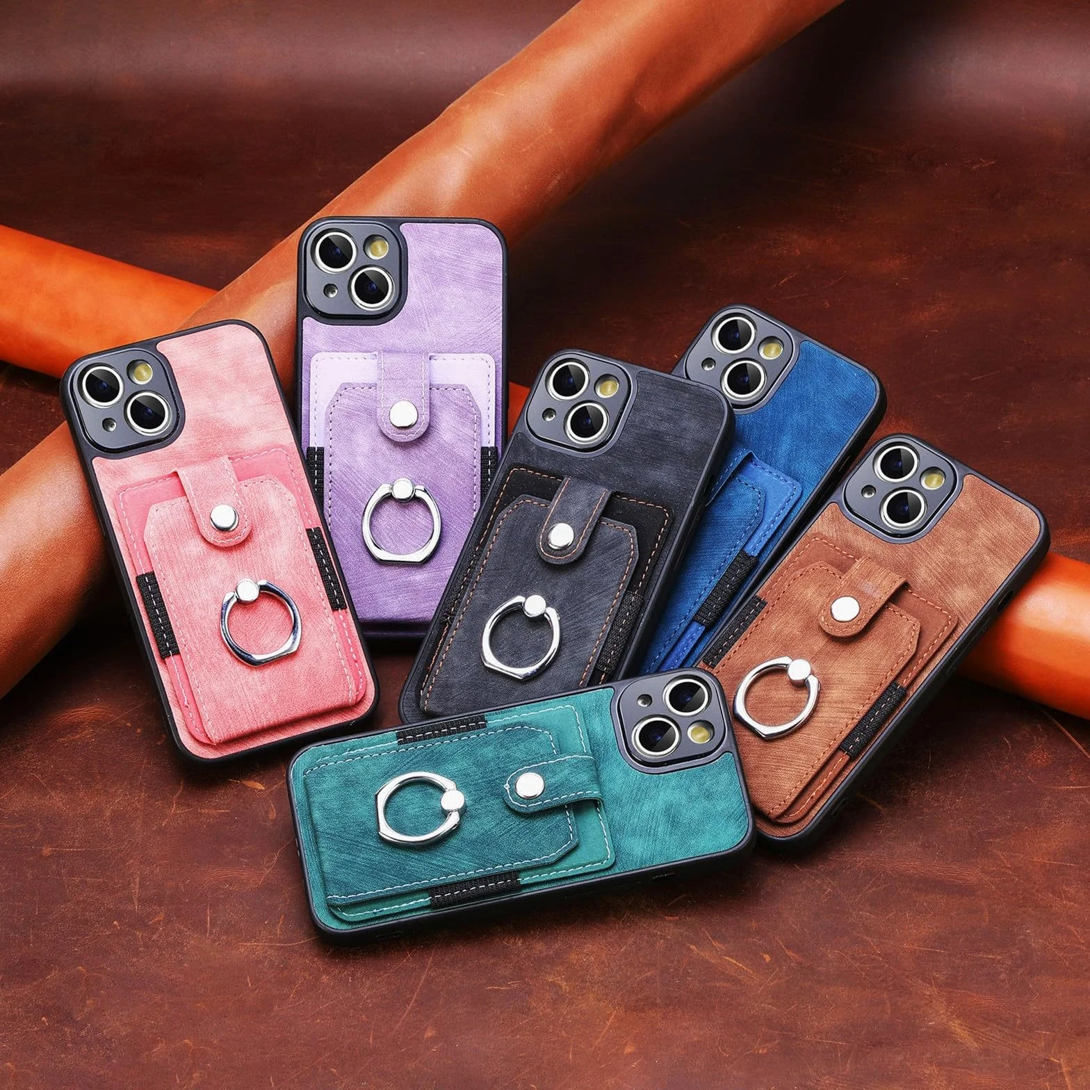 Generic etui kompatybilne z iPhone 15 Pro (kolor: różowy) portfel skórzany uchwyt pierścieniowy twardy silikonowy futerał na tył
