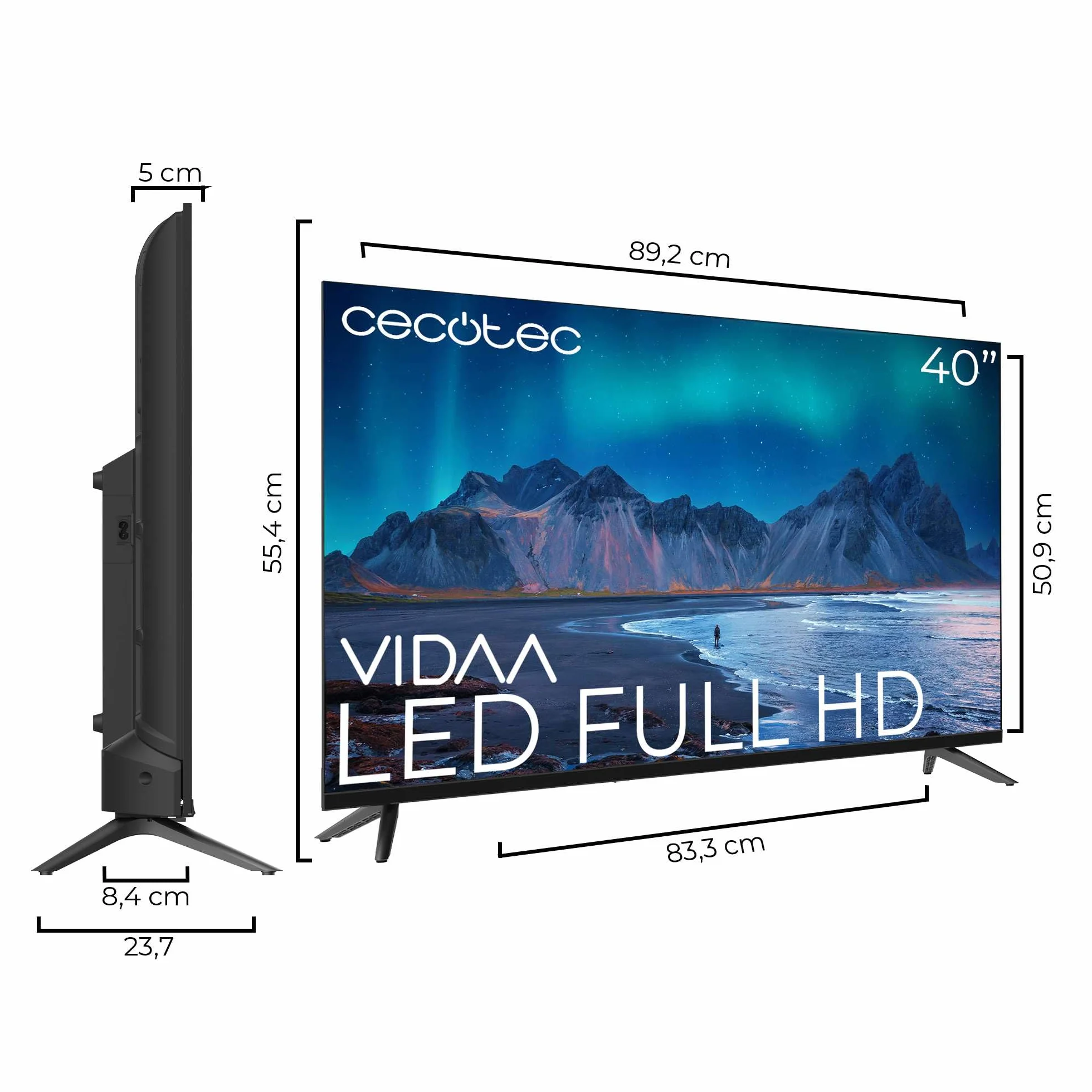 Cecotec Smart TV - 40-calowy LED telewizor o rozdzielczości Full HD - Seria A5 ALF50040. Smart TV VIDAA, Dolby Audio, wbudowane WiFi, Chromecast, 3 HDMI i 2 USB, głośniki 16W