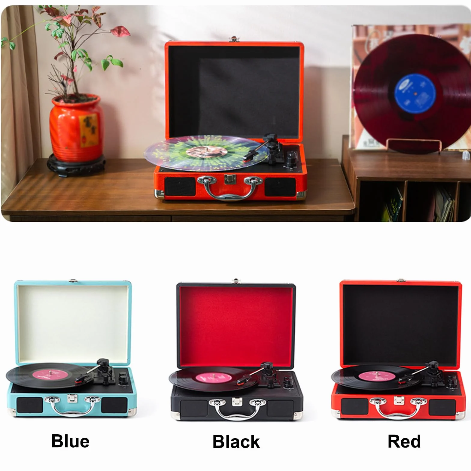 Gramofon walizkowy w stylu retro, gramofon stereo 33/45/78 obr./min, kompatybilny z płytami winylowymi i filmowymi, kompaktowy i przenośny, obsługuje płyty 7-calowe, 10-calowe i 12-calowe
