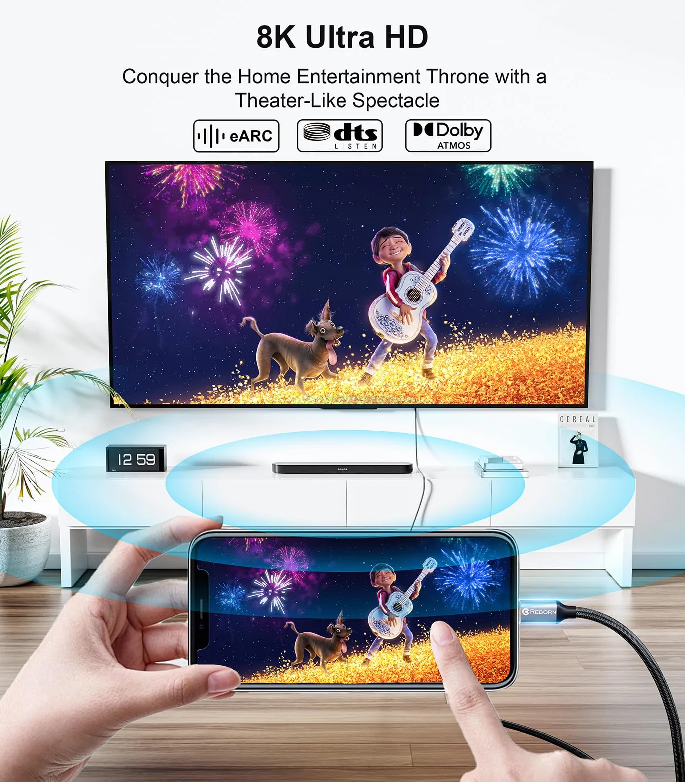 Reborn Kabel USB C na HDMI 2.1 [8K przy 60 Hz, 4K przy 144 Hz, 2K przy 240 Hz] 6FT typ C do HDMI 8K przewód obsługuje 48 Gb/s, HDCP2.3 / HDR [kompatybilny z Thunderbolt 3/4] do MacBooka, iPada Pro