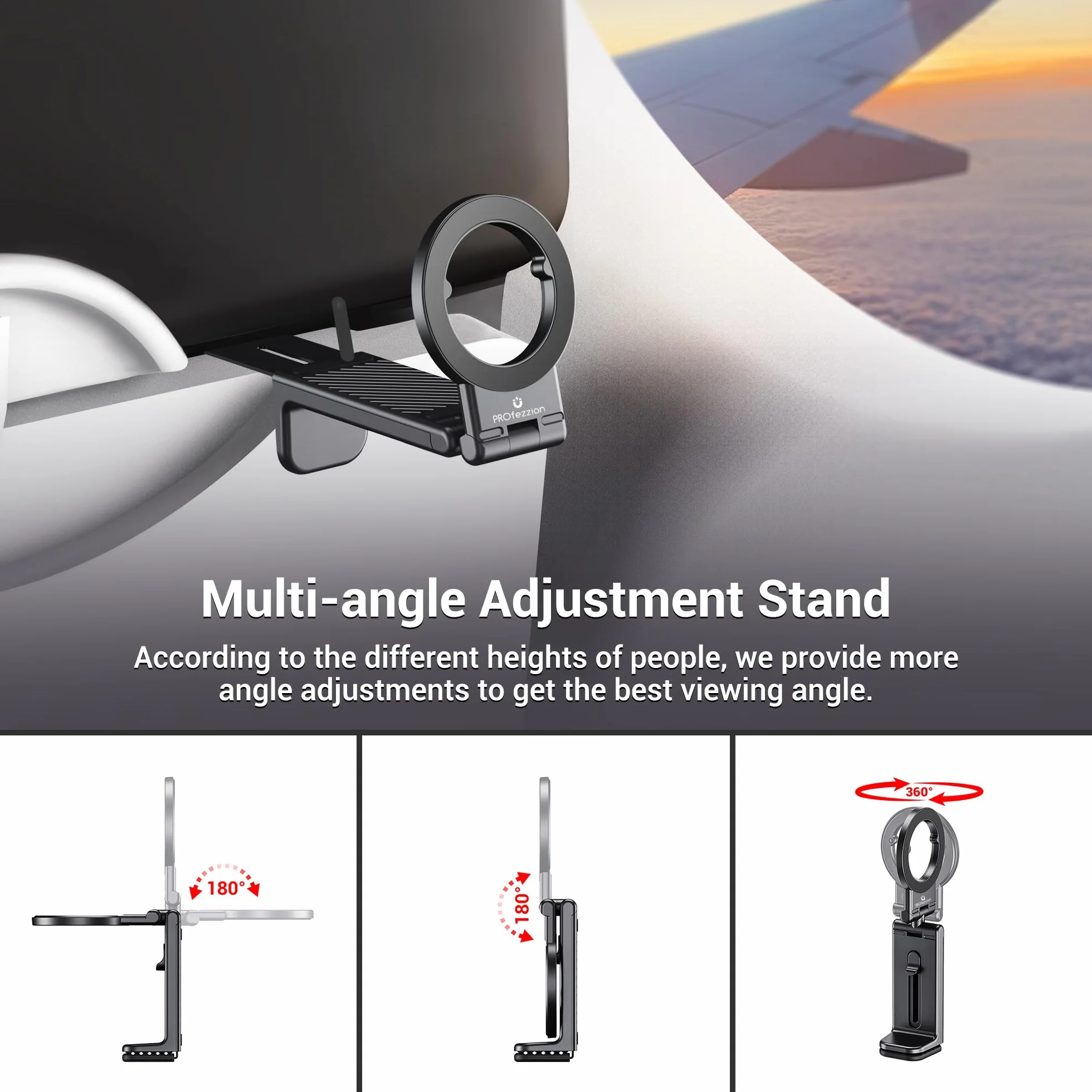 PROfezzion Podróżny Uchwyt na Telefon Magnetic Flight Phone Mount Magnetyczny obracany o 360° do iPhone'a 15 14 13 12 Serii Lub Nowszych i bezpieczny bez Magnesów, Nadaje się do Samolotu, Pociągu